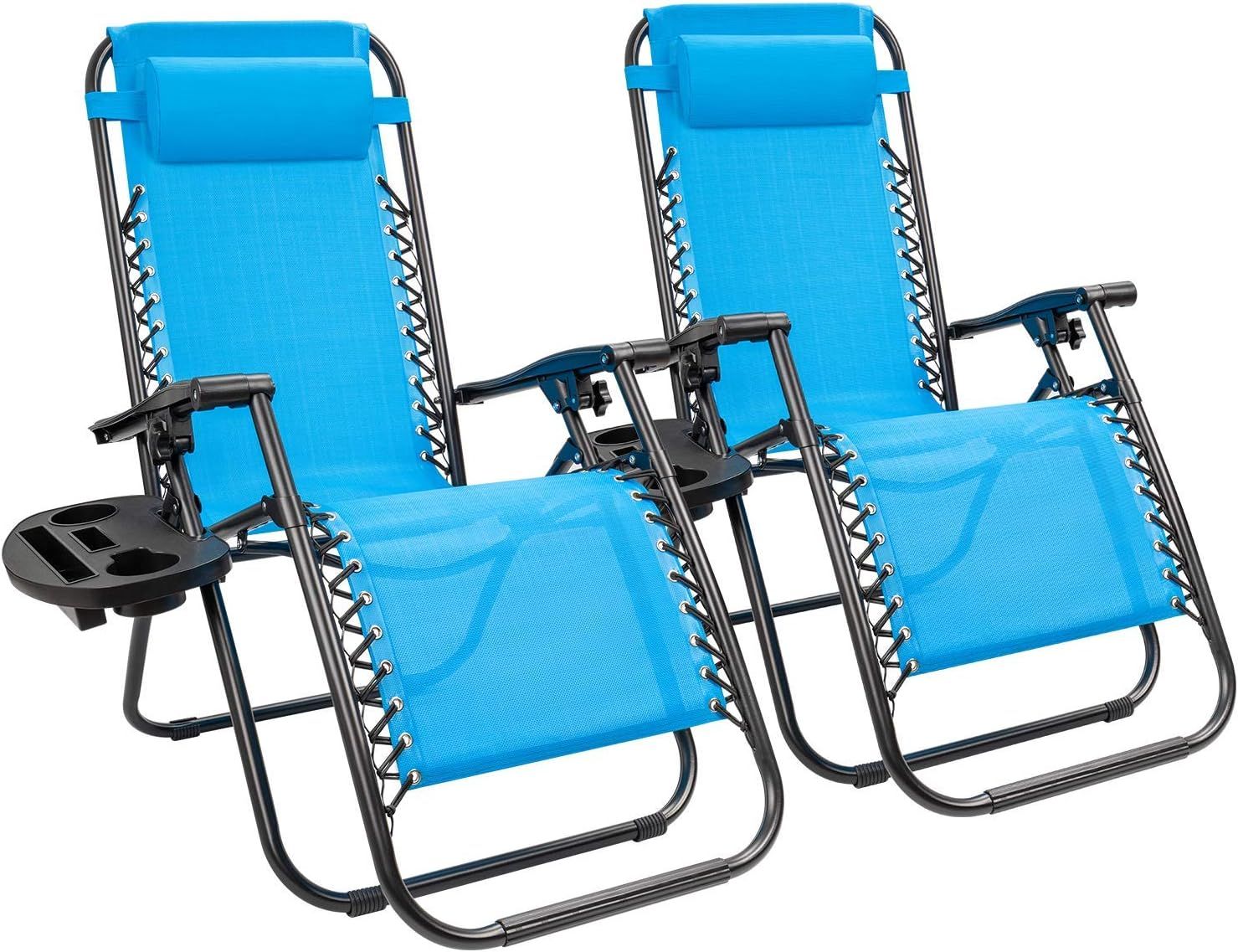 Blue Adjustable Zero Gravity Outdoor Lounge Chairs with Cushions, Set of 2