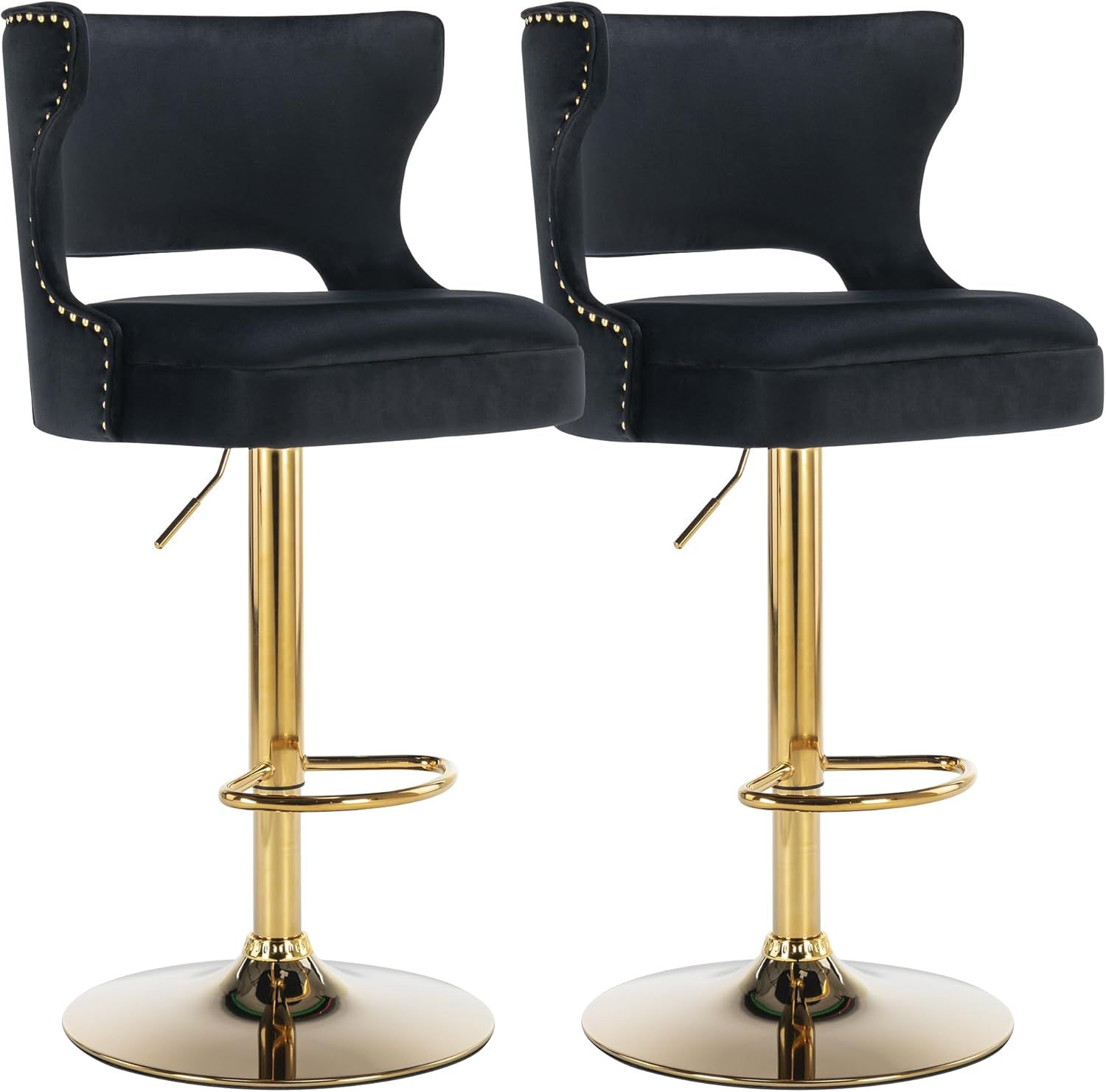 Black Velvet Swivel Bar Stools with Gold Base, Set of 2