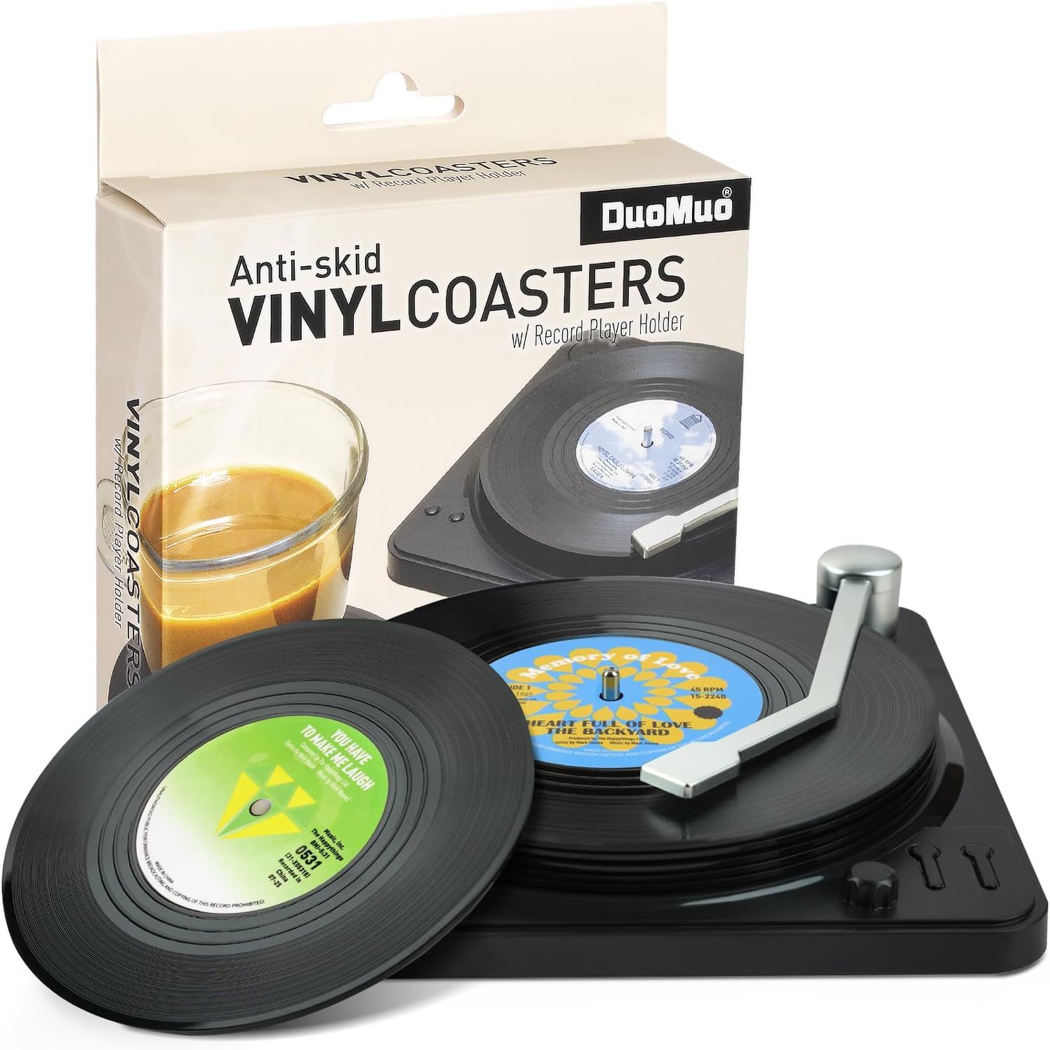 Retro Vinyl Record Coasters with Player Holder Set of 6