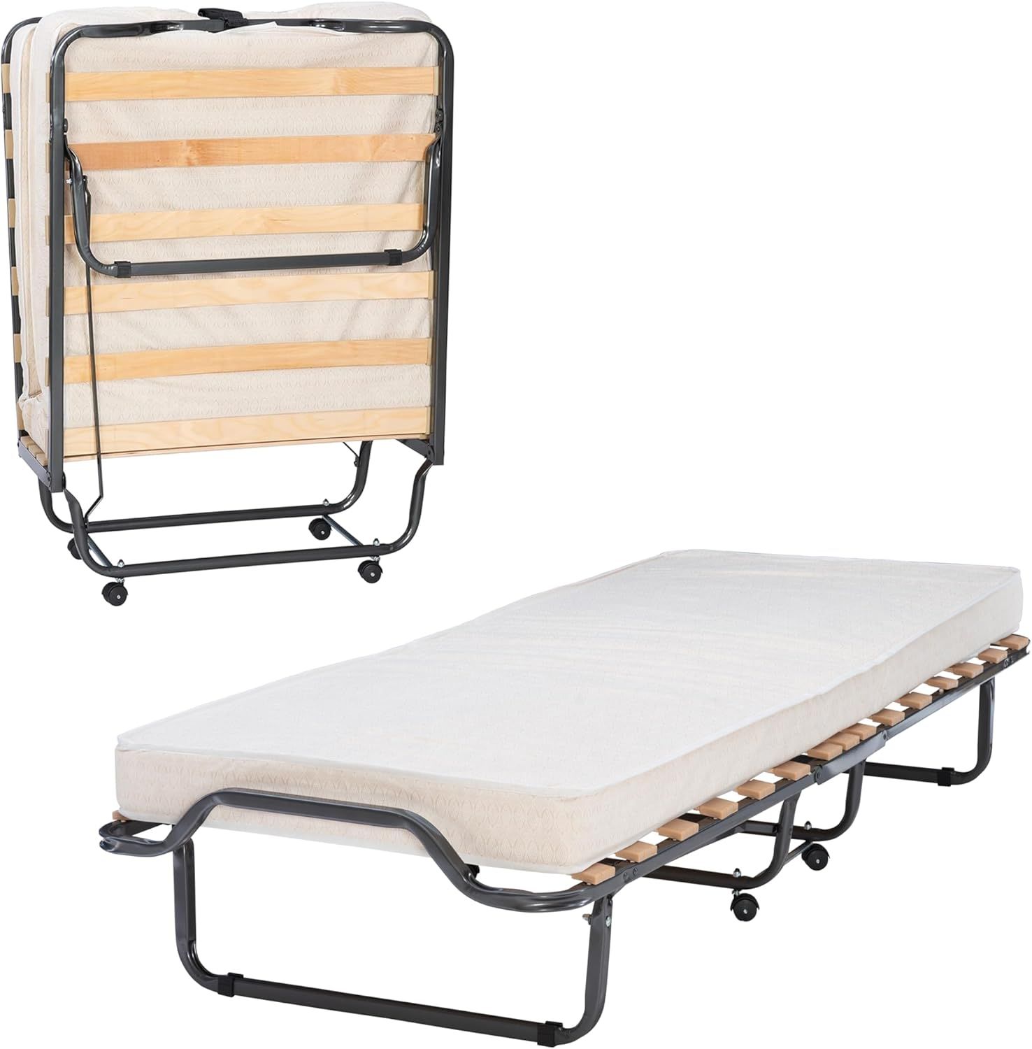 Compact Twin Metal Frame Rollaway Bed with Memory Foam