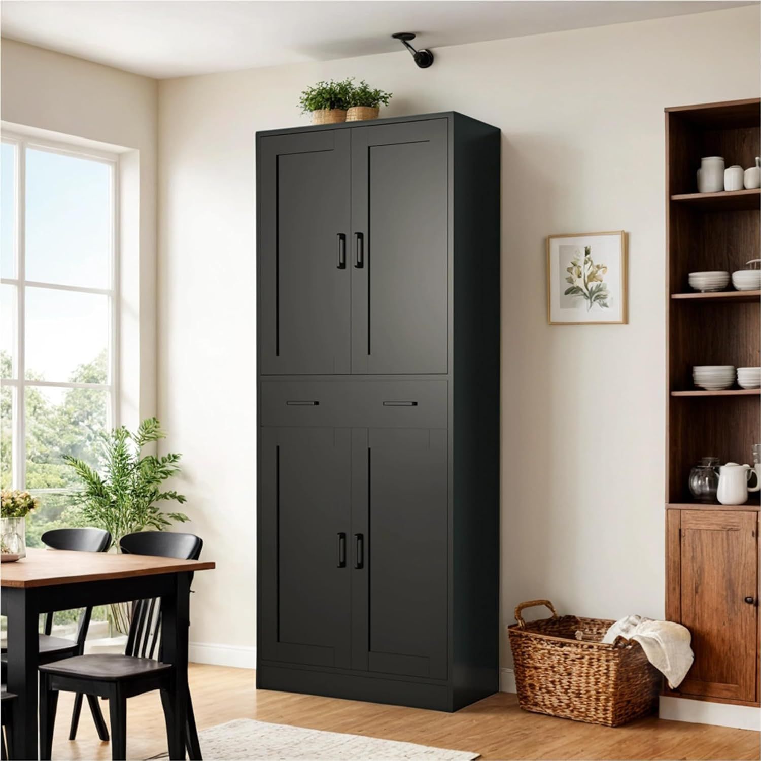 Black Tall Freestanding Kitchen Pantry Cabinet with Doors and Drawer