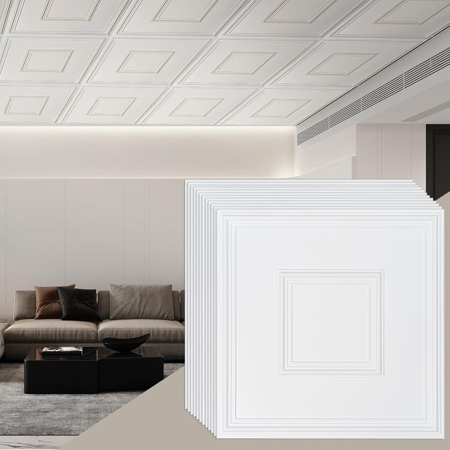 White 24x24 PVC 3D Textured Ceiling Tiles, 12-Pack