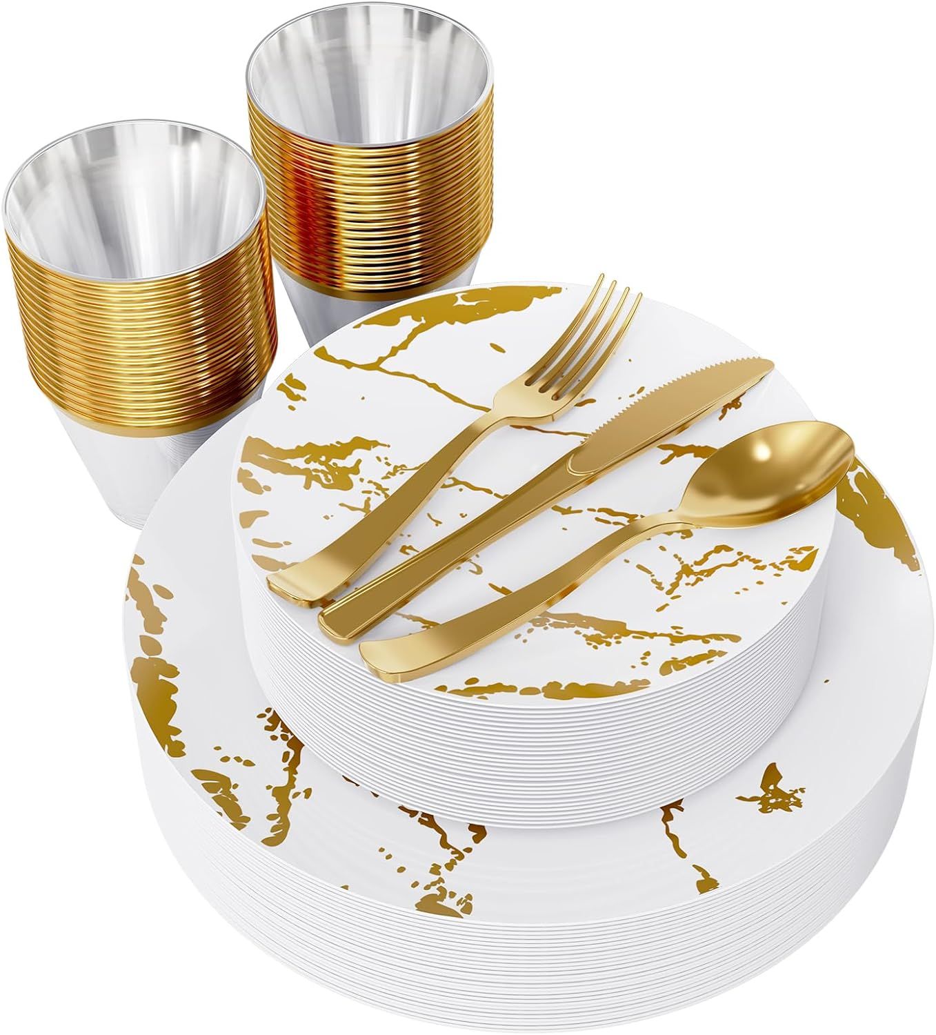 Luxurious White and Gold Marble Design Disposable Dinnerware Set for 30 Guests