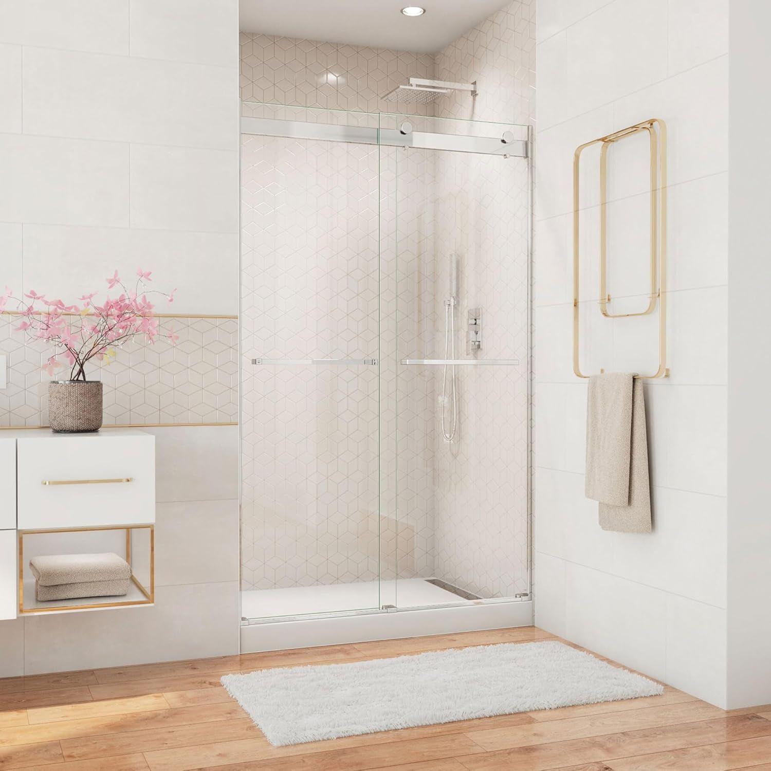 Clear Frameless Sliding Shower Door with Brushed Nickel Hardware