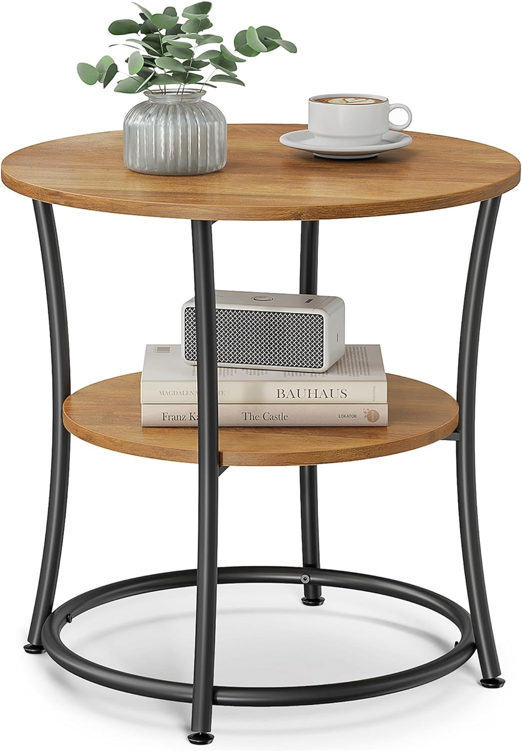 Rustic Walnut and Black Round Metal Side Table with Shelves