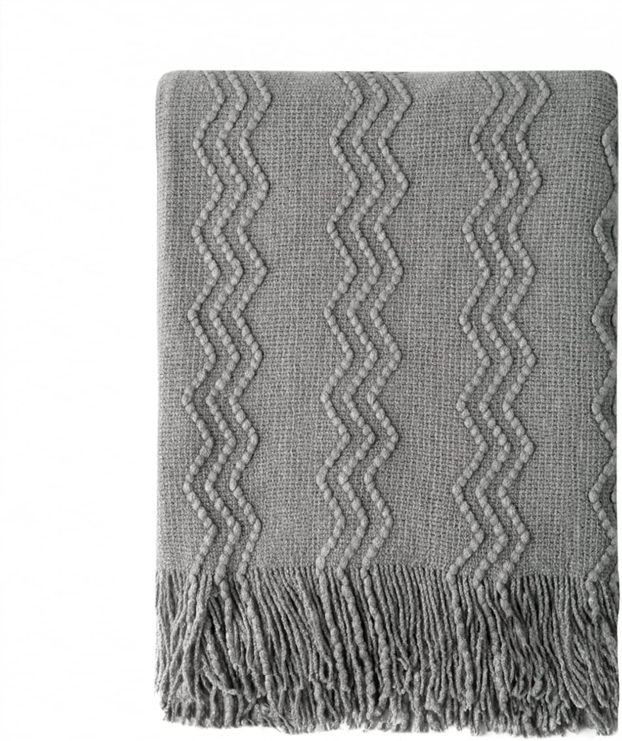 Gray Knitted Acrylic Throw Blanket with Fringe, 50" x 60"