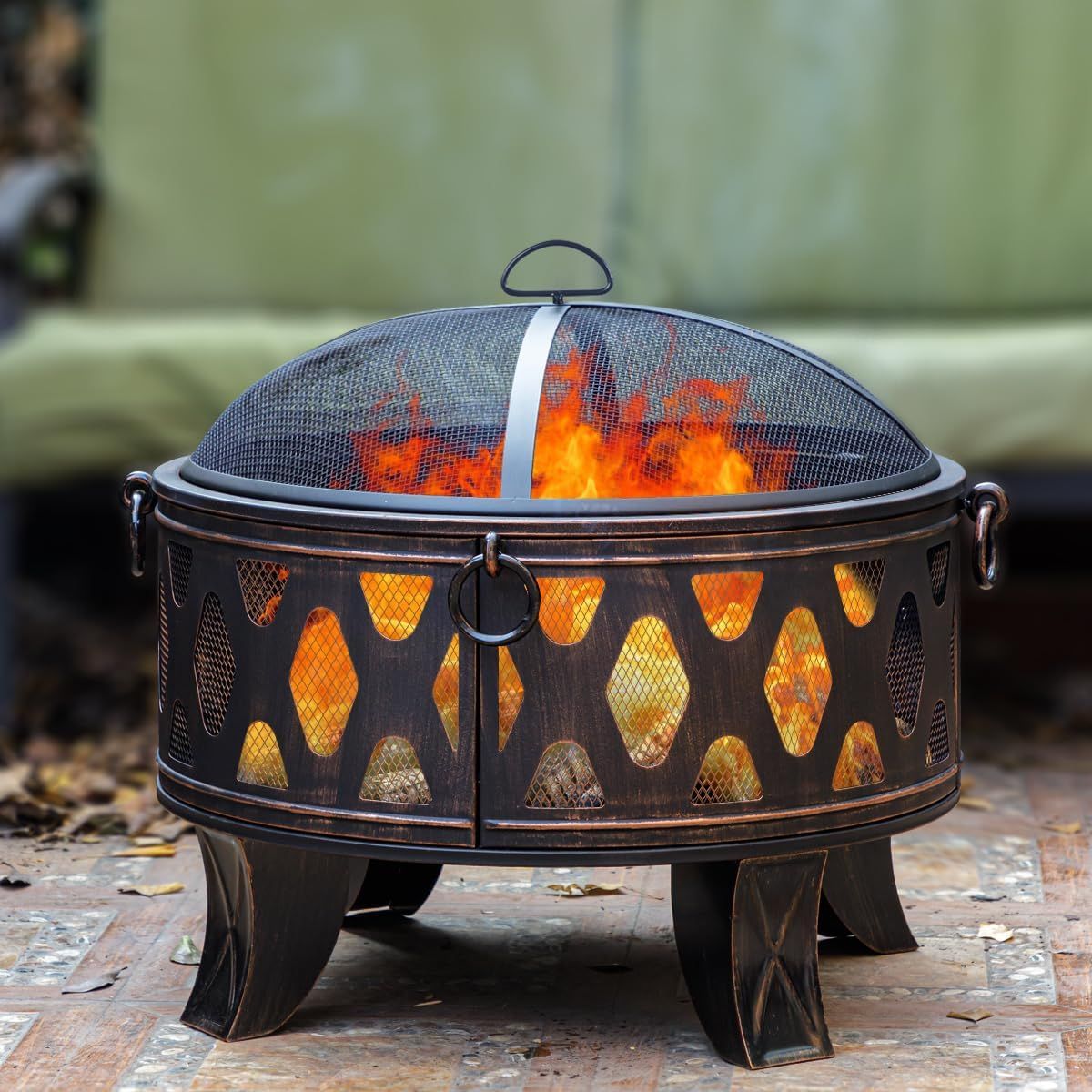 26" Black Steel Outdoor Fire Pit with Cooking Grill and Spark Screen