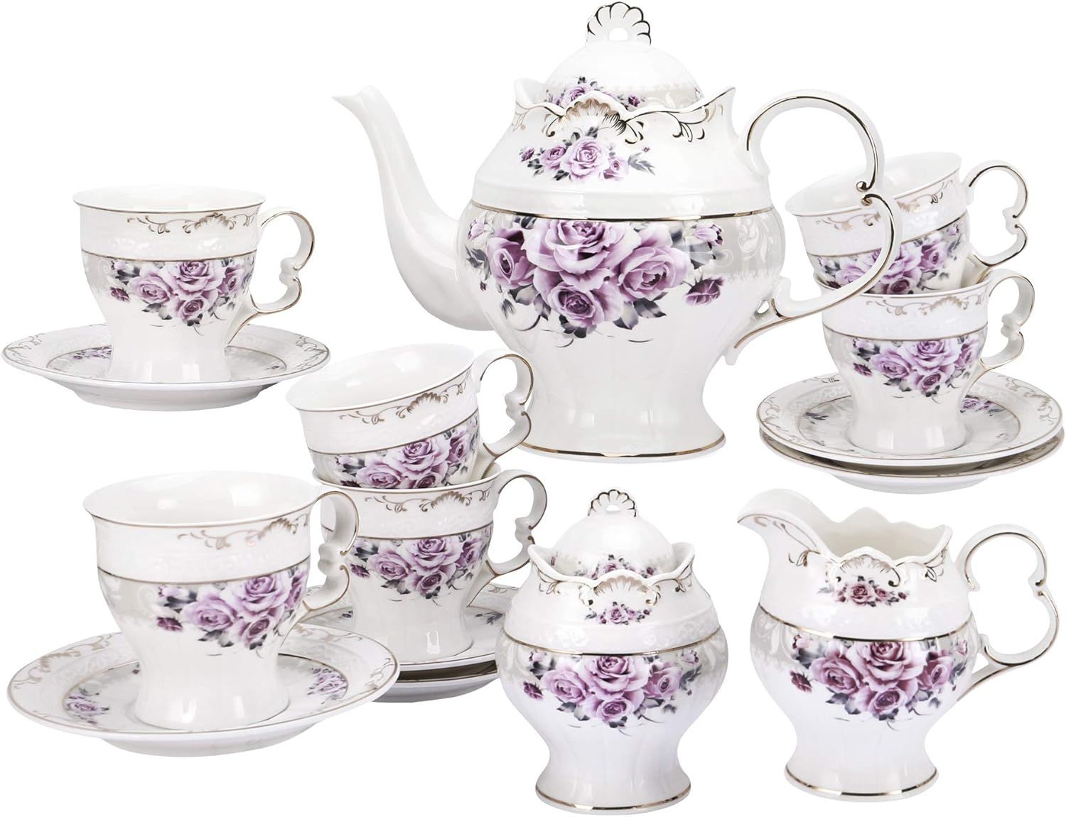 Elegant Purple Rose Porcelain Tea Set with Gold Trim