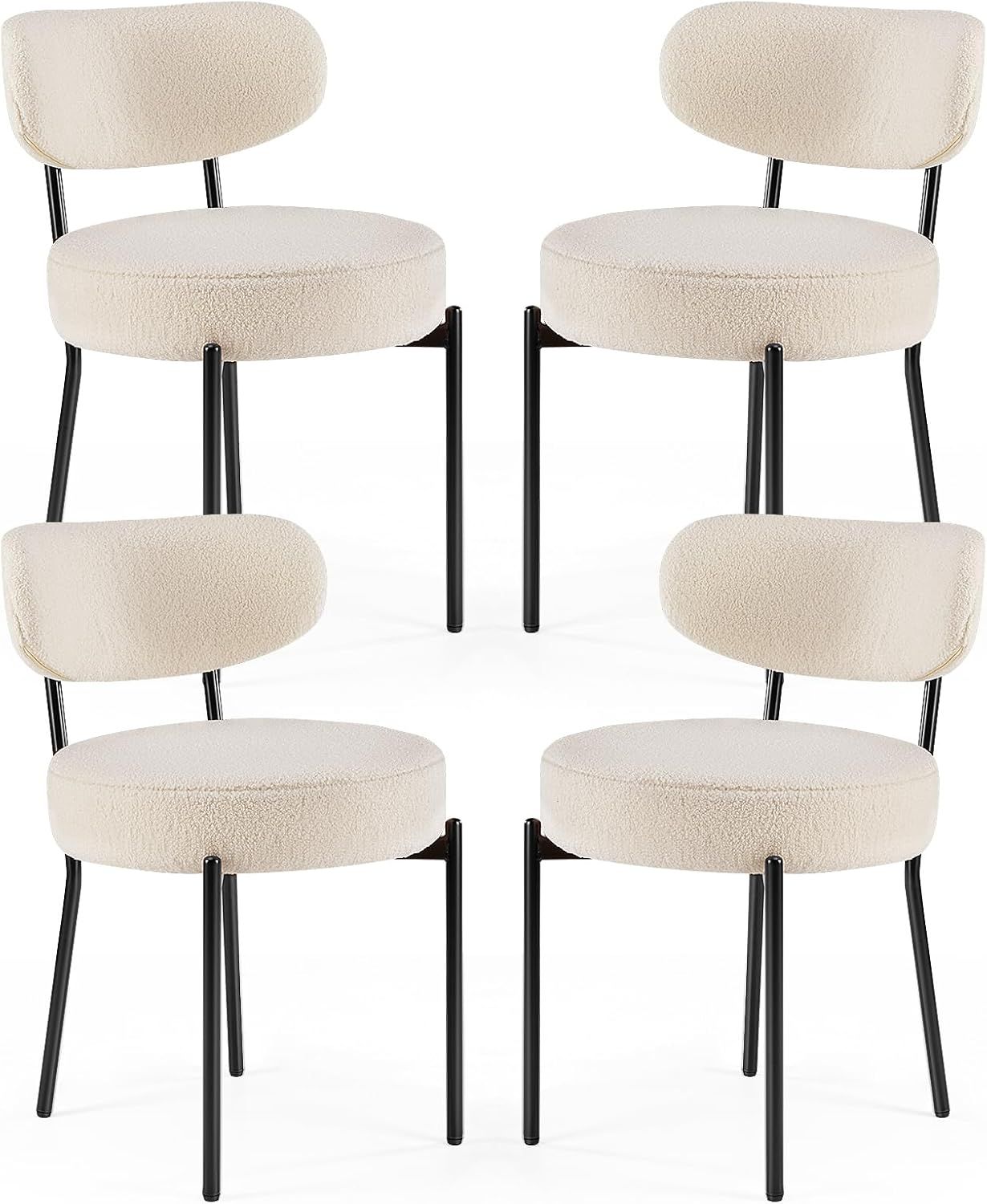 Set of 4 Beige Upholstered Dining Chairs with Black Metal Legs