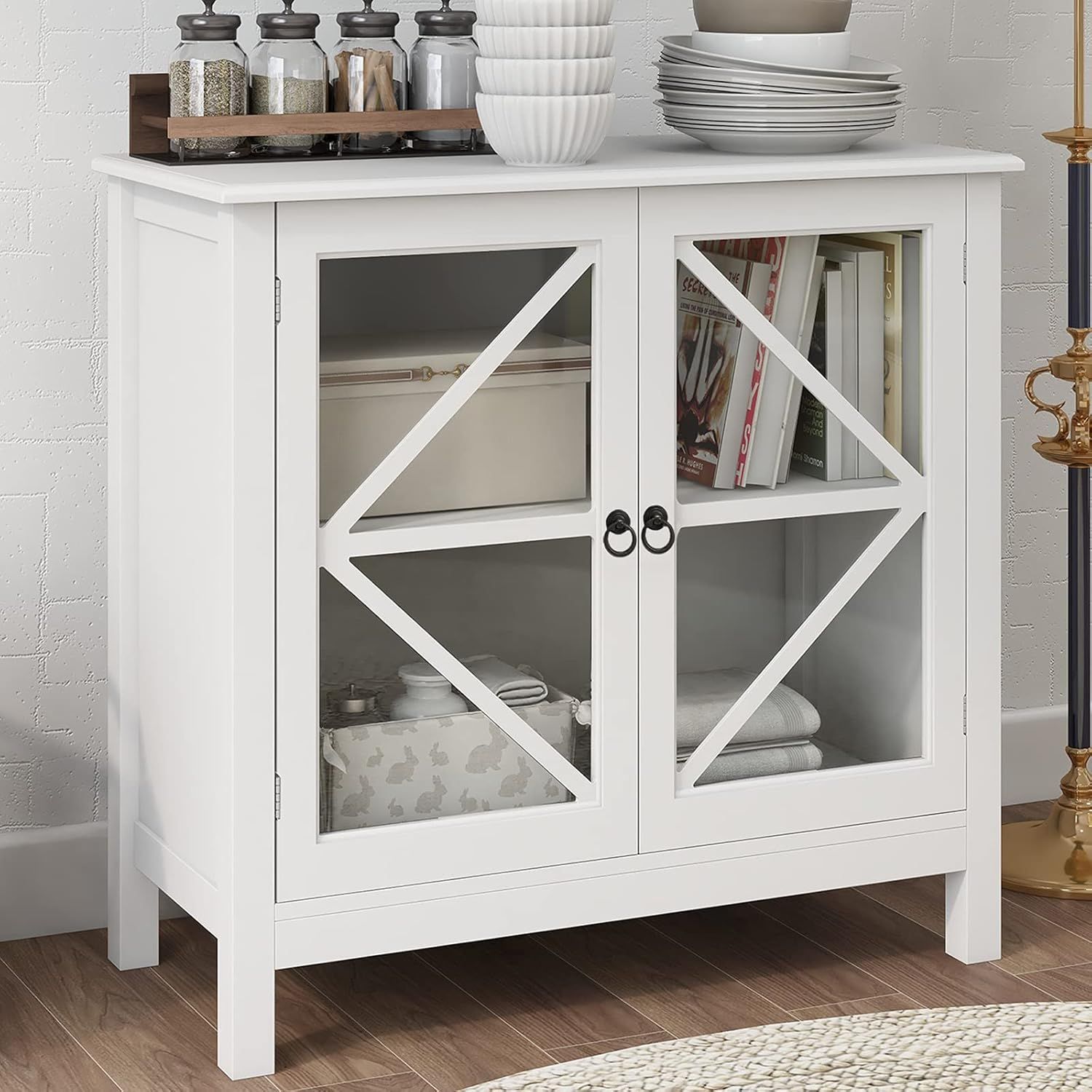 White MDF Sideboard Cabinet with Glass Doors