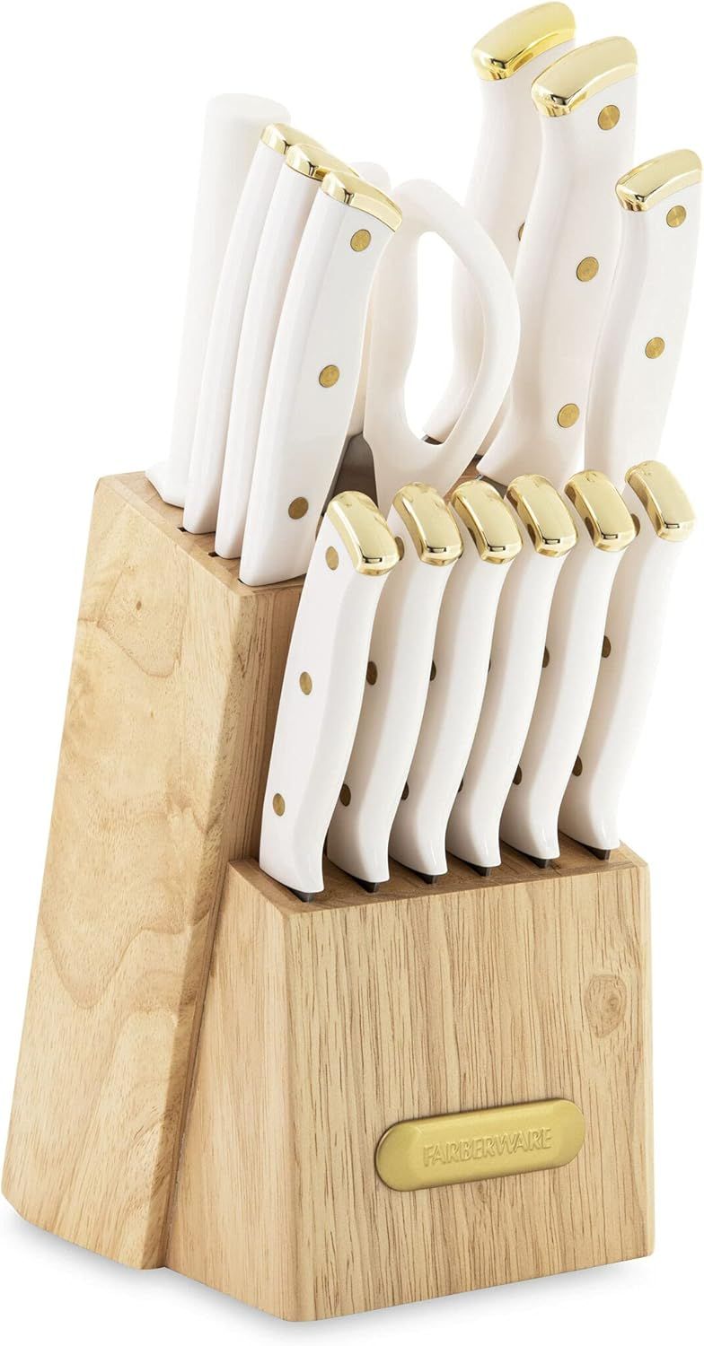 15-Piece White and Gold Stainless Steel Knife Set with Wood Block