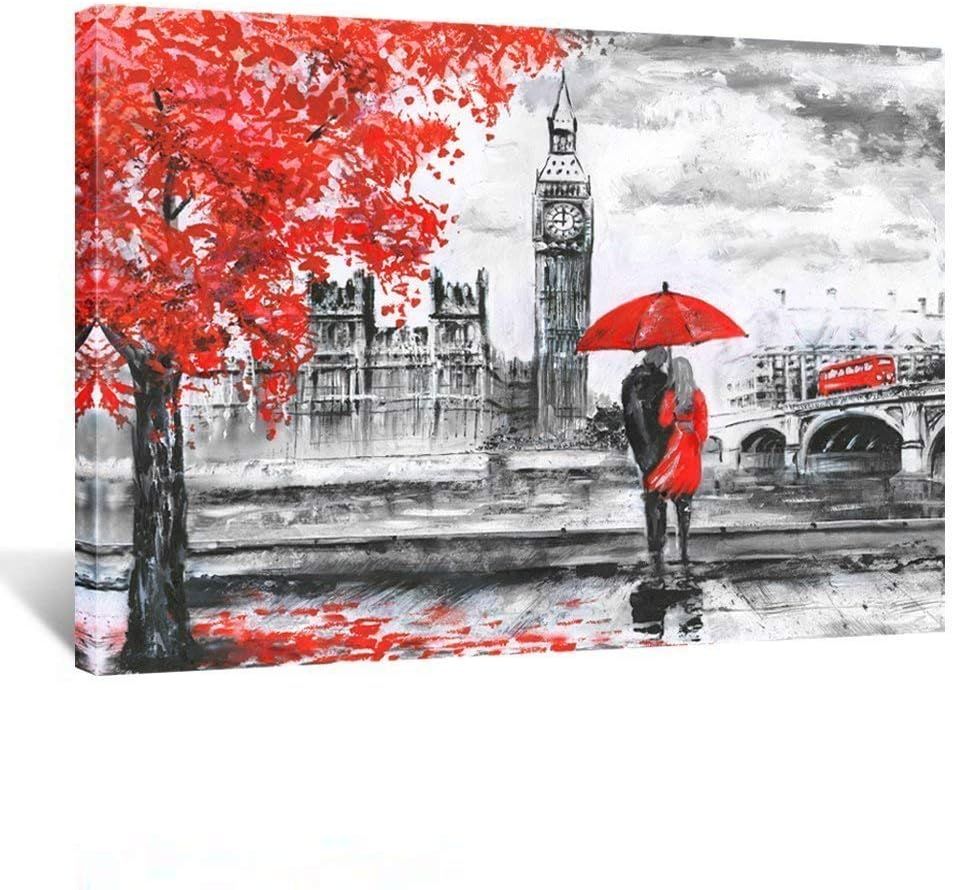 Romantic Red Umbrella Couple London Landscape Canvas Art