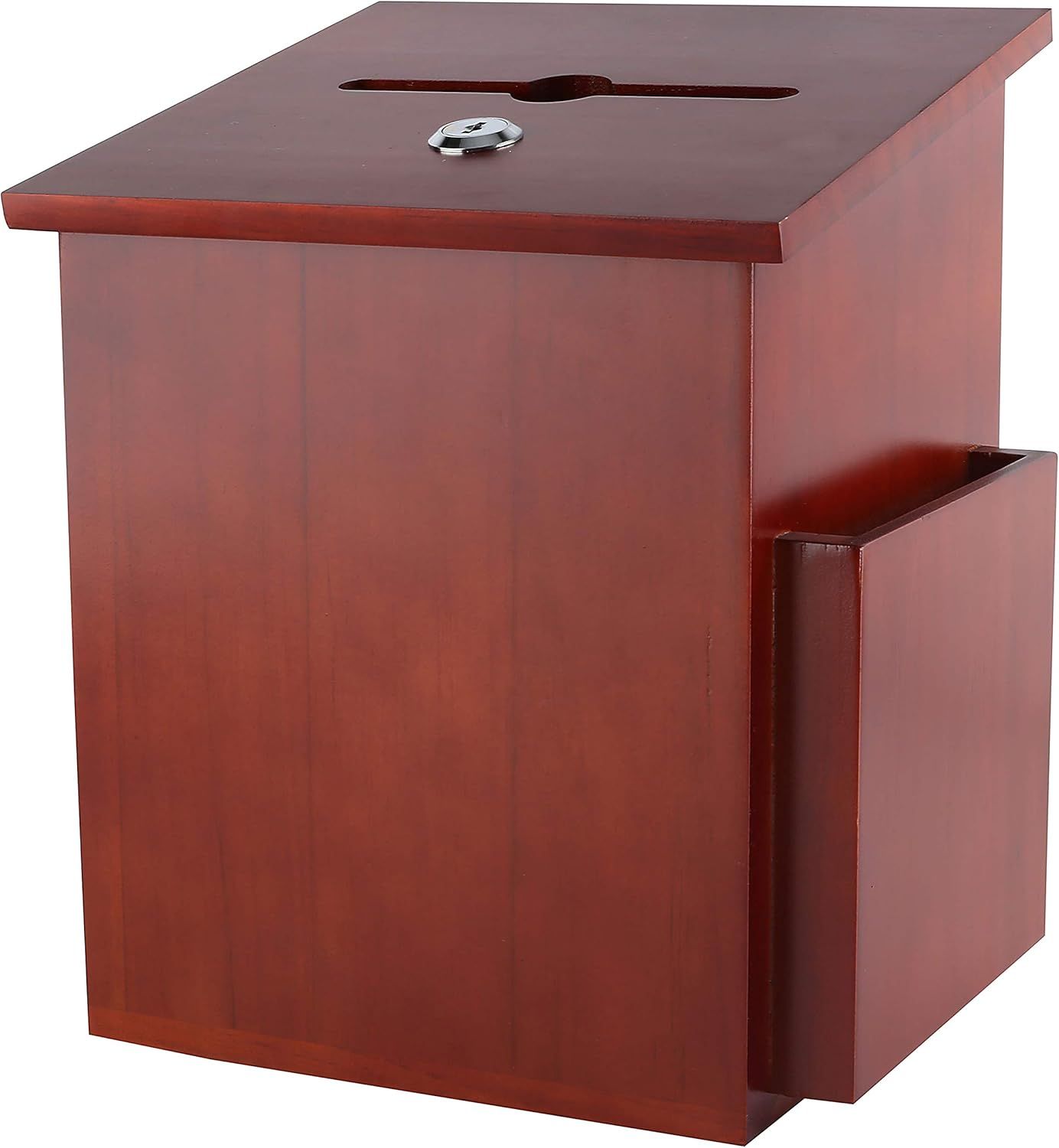 Mahogany Lockable Wood Suggestion Box with Side Pocket