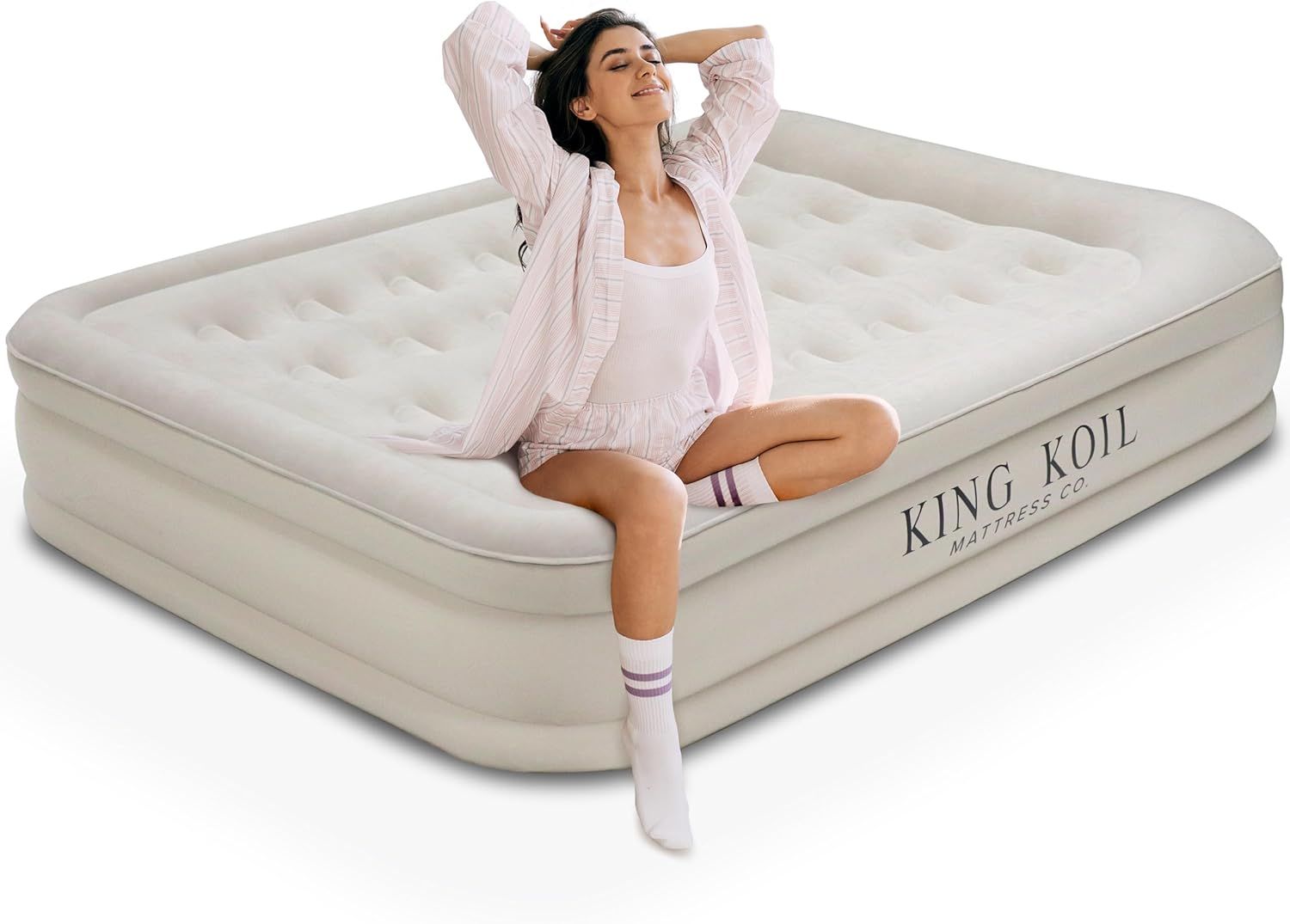 King Koil Beige King Size Raised Air Mattress with Built-in Pump