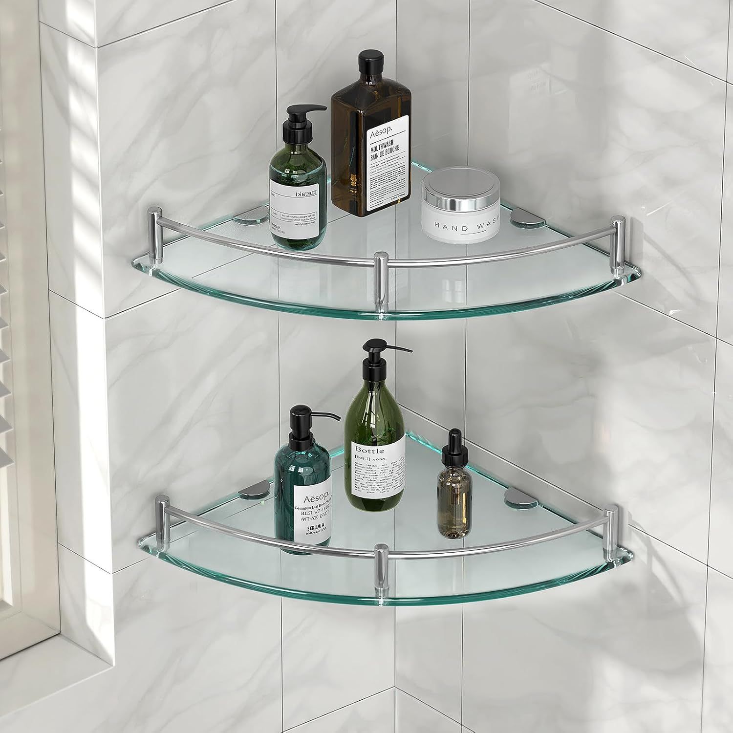 Tempered Glass Corner Shower Shelf with Stainless Steel Rail