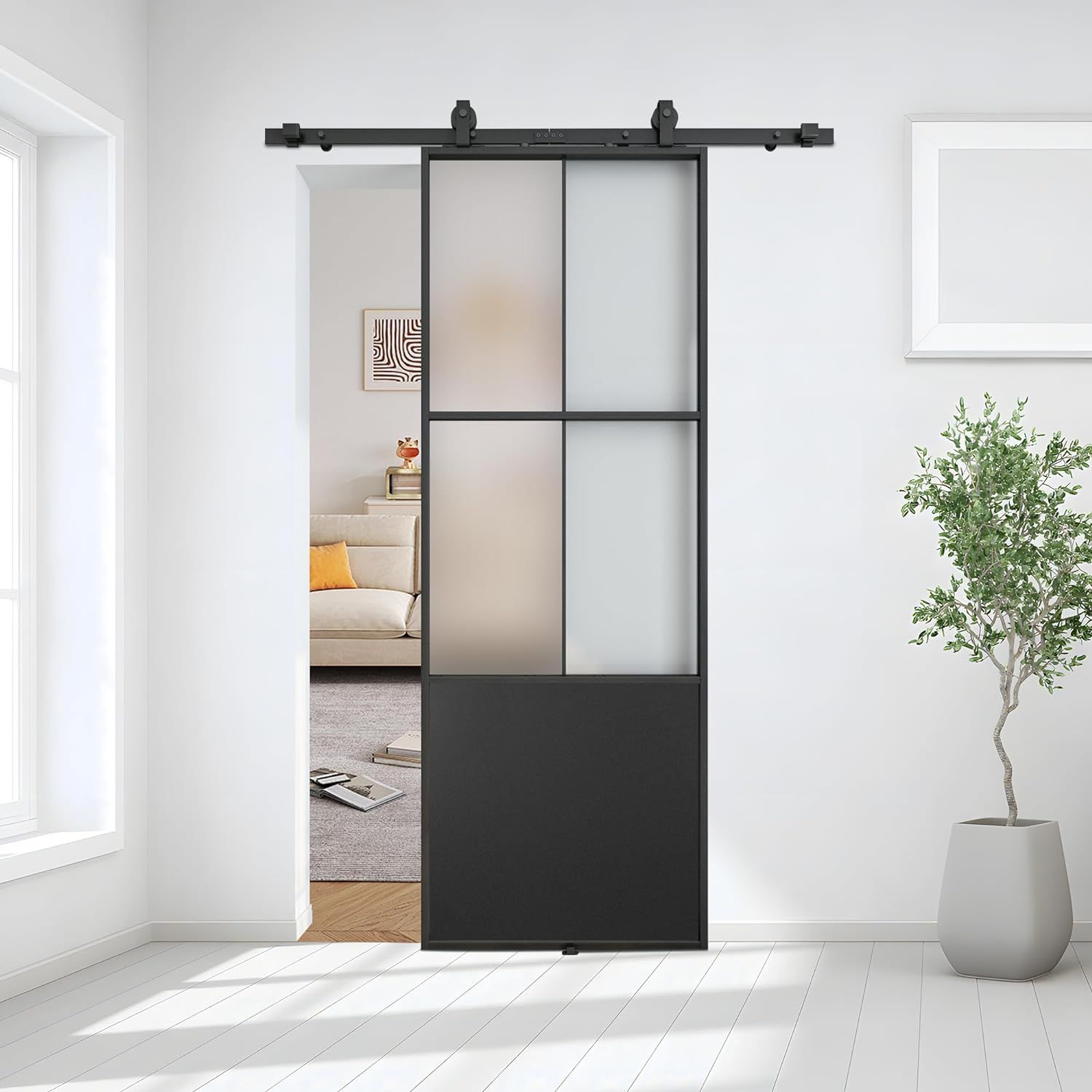 Black Aluminum and Frosted Glass Sliding Barn Door with Hardware Kit