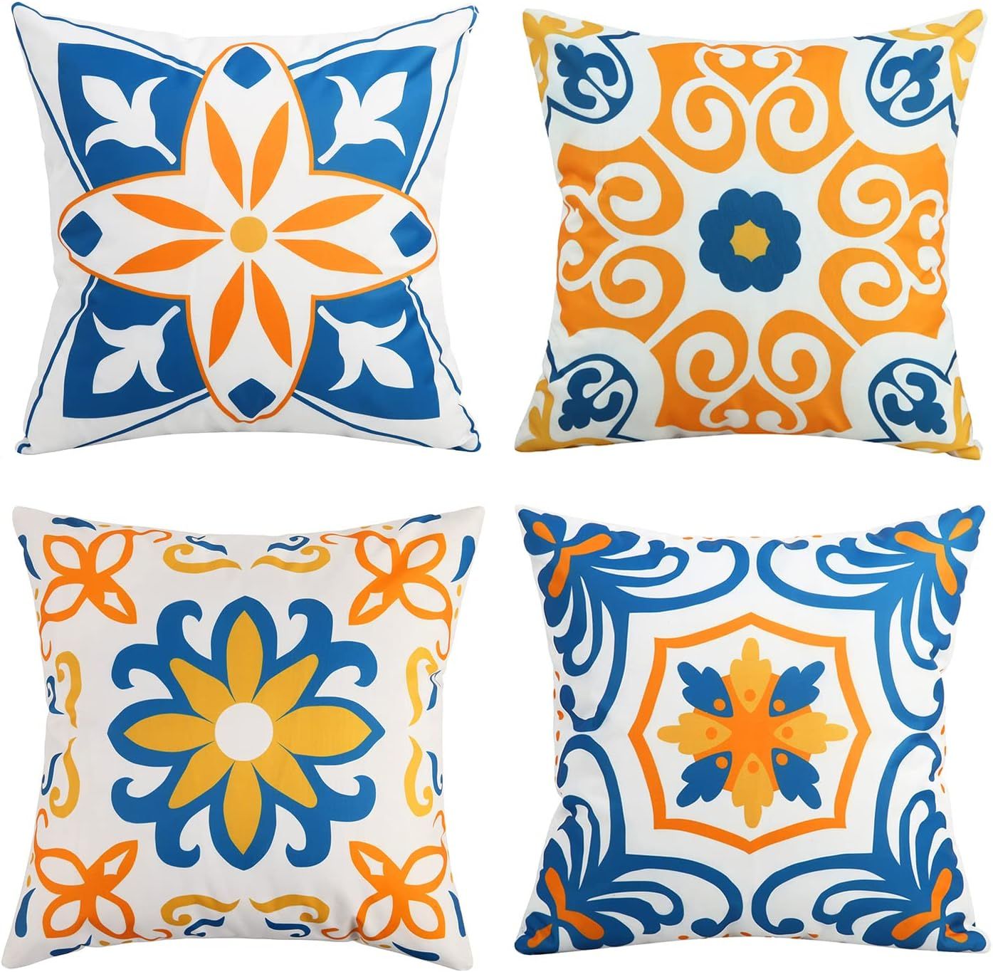 Set of 4 Blue and Orange Floral Waterproof Polyester Pillow Covers