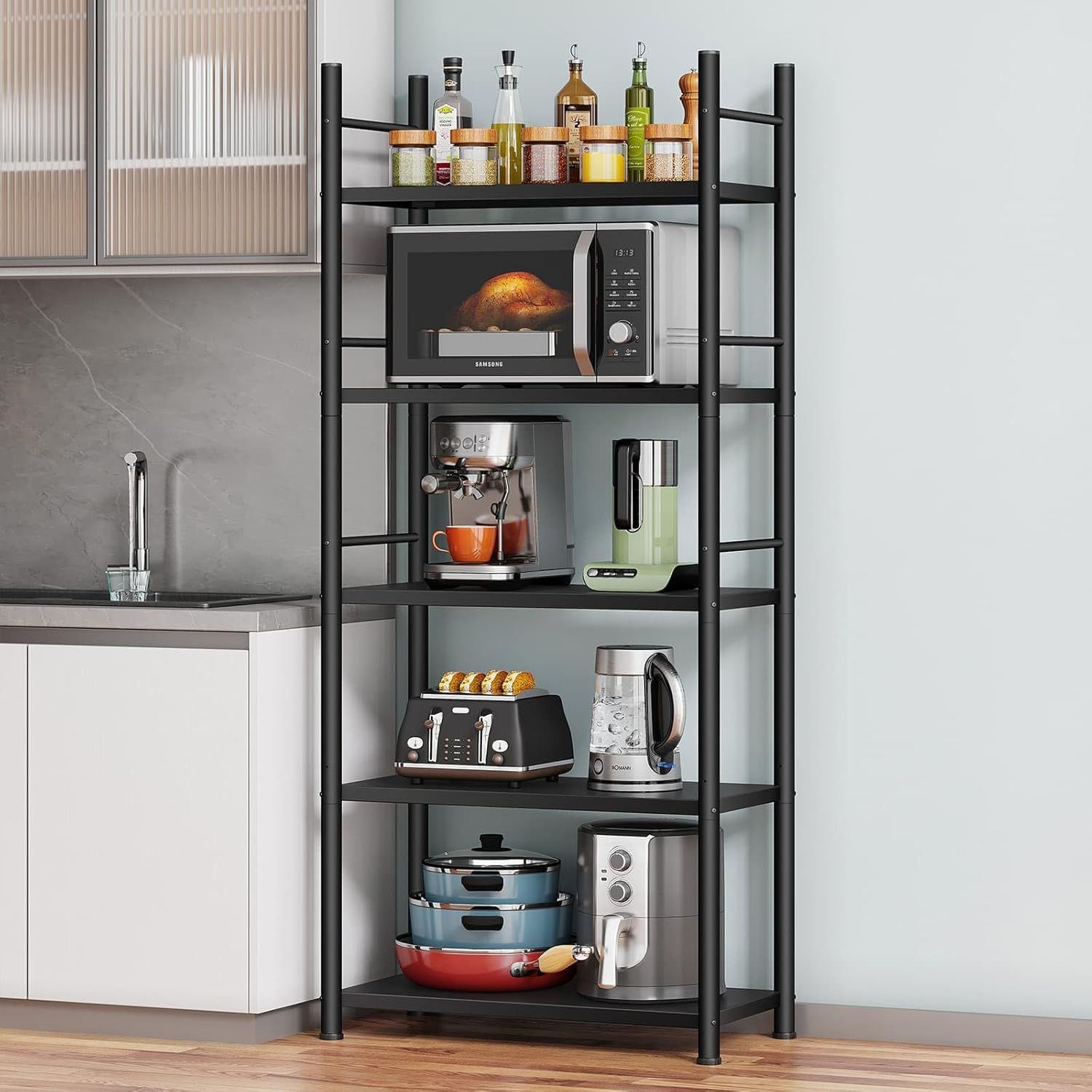 Denkee Black Steel 5-Tier Kitchen Bakers Rack with Microwave Shelf