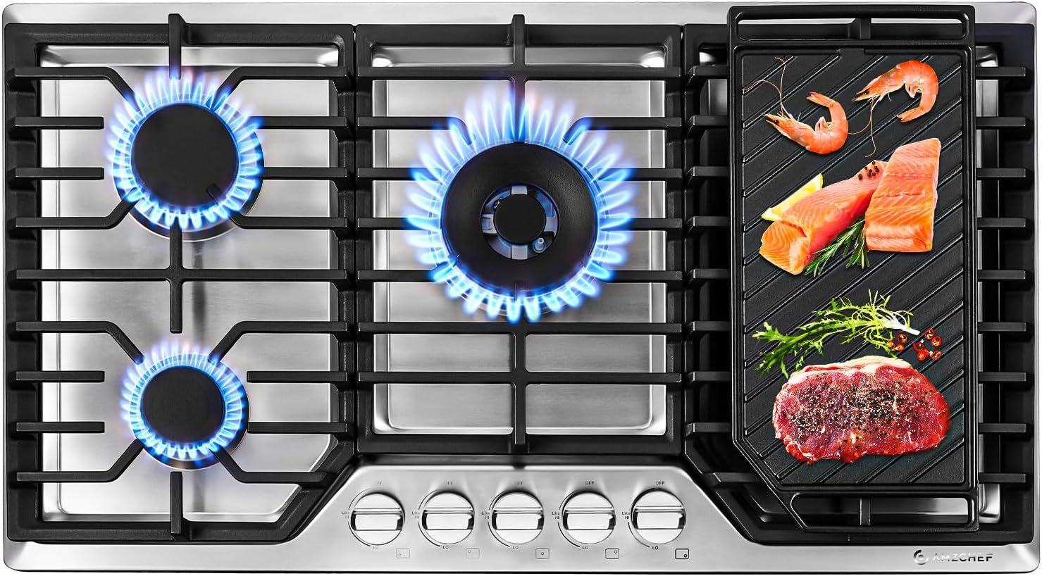 36-Inch Stainless Steel 5-Burner Gas Cooktop with Cast Iron Grates