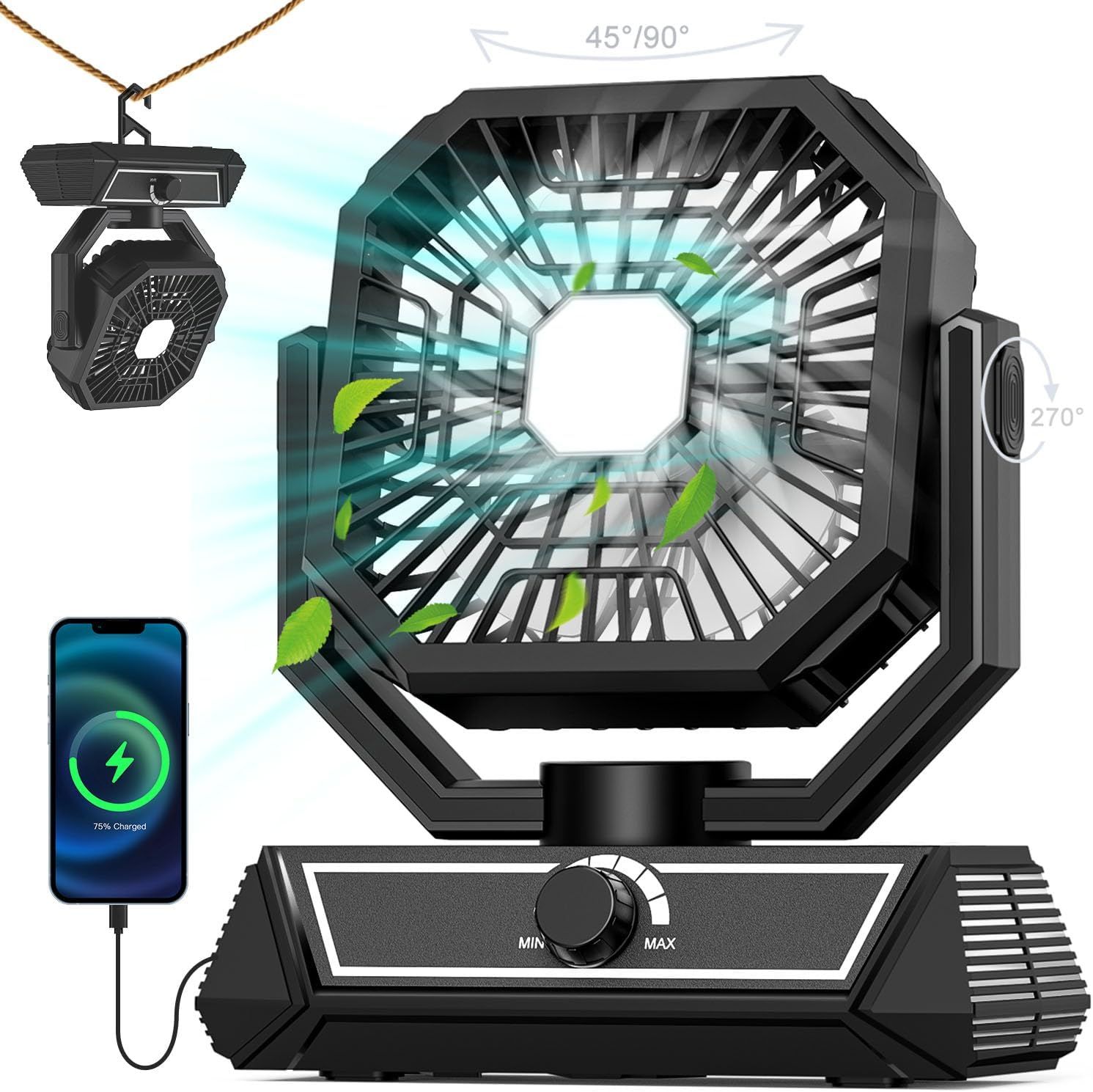 Black Portable Rechargeable Box Fan with LED Lantern