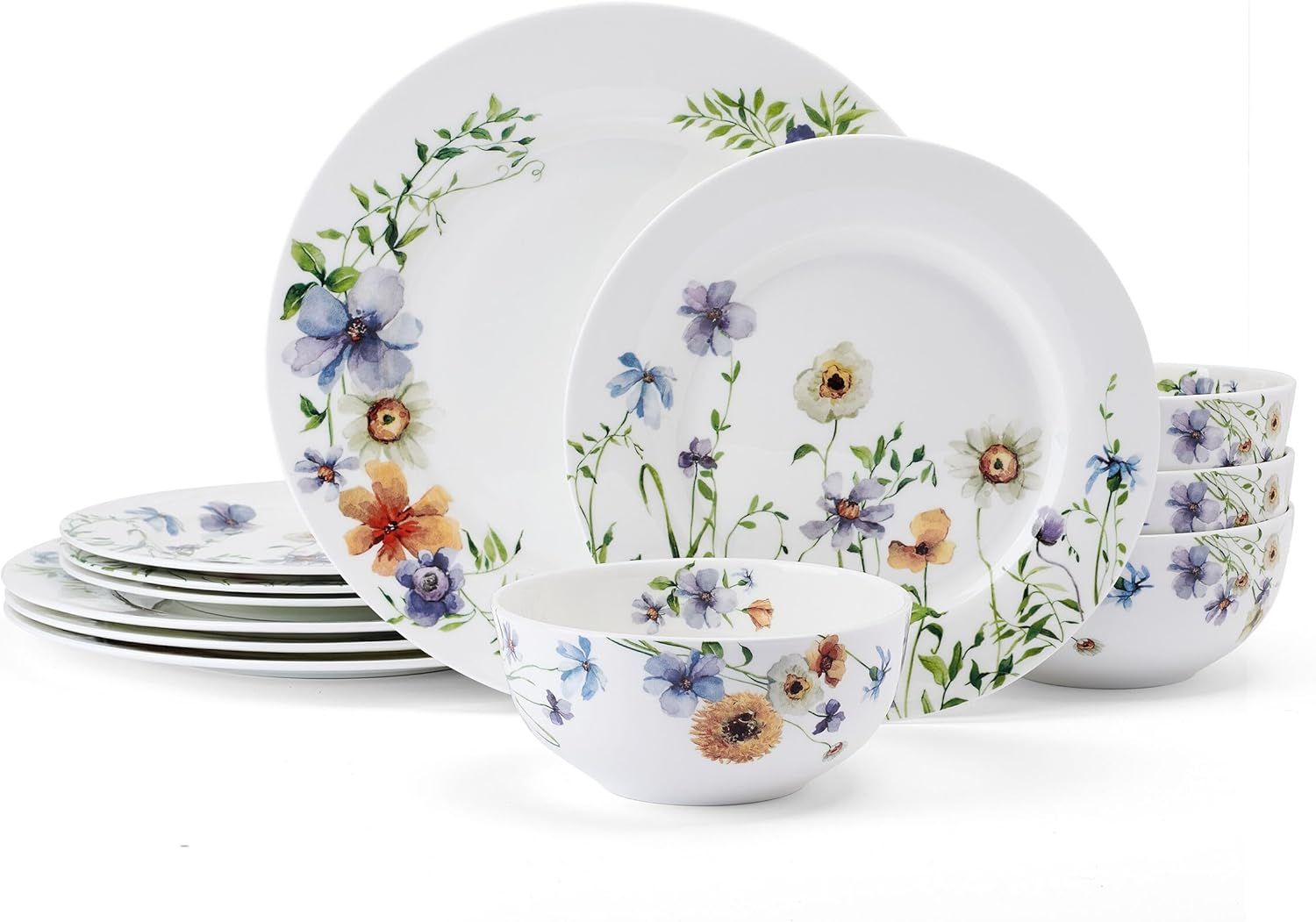 Audrina Floral White Porcelain 12-Piece Dinnerware Set, Service for 4