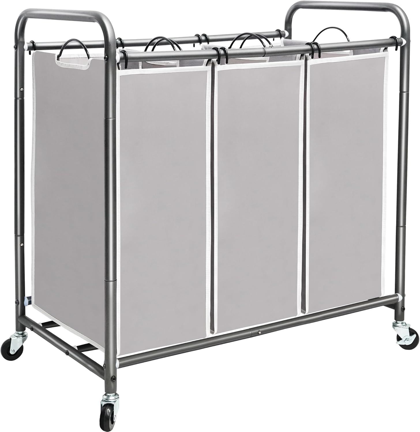 Gray 3-Bag Laundry Sorter with Wheels and Metal Frame