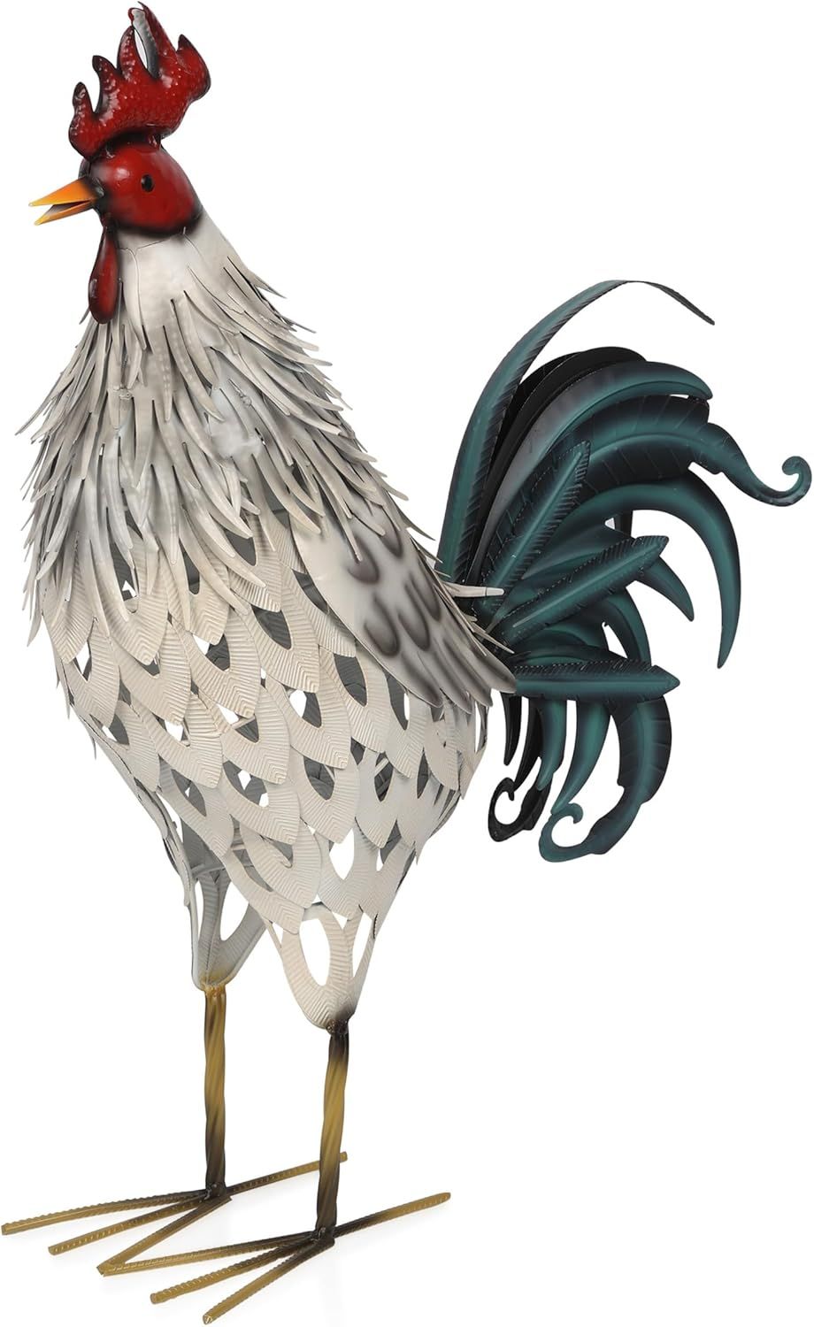 Lifelike White and Red Metal Rooster Garden Statue