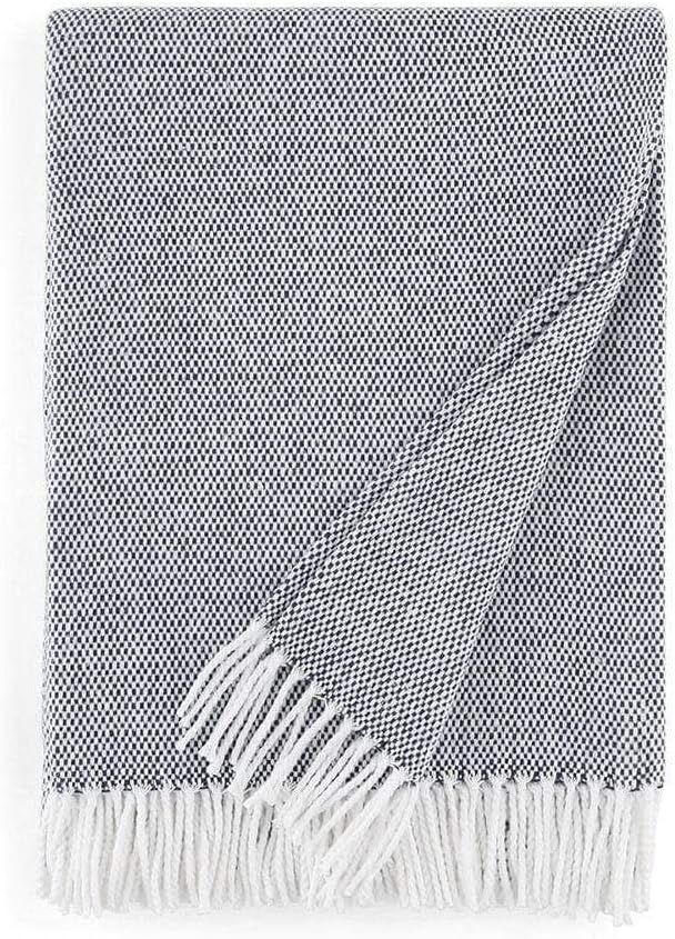 Rustic Fringed Navy Cotton Throw - Machine Washable