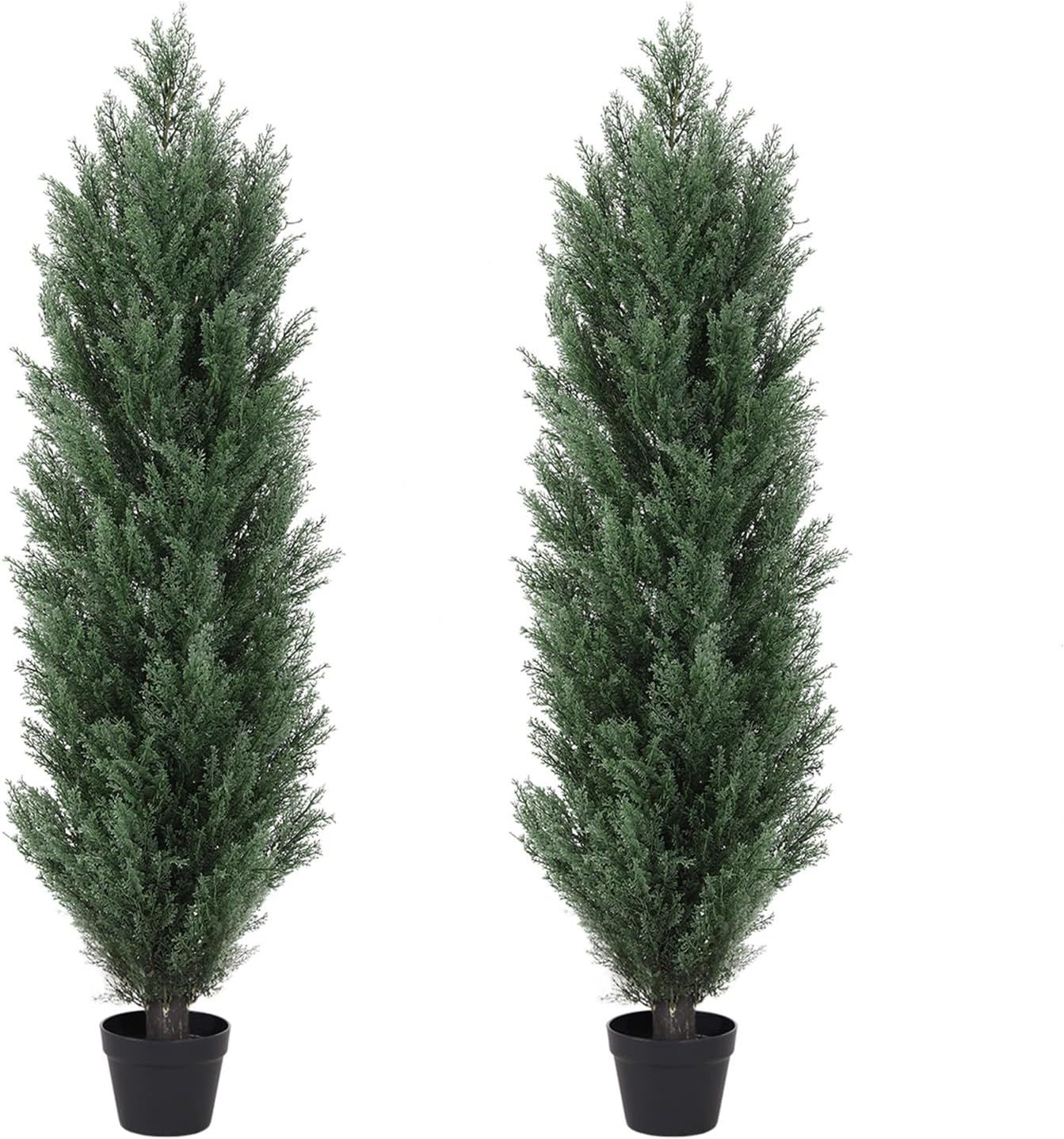 4ft Dark Green Cedar Topiary Trees in Black Cement Pots, Set of 2