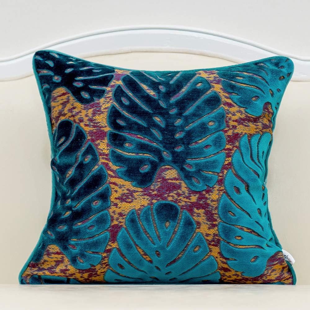 Navy Blue Embroidered Velvet Leaf 18" Square Pillow Cover