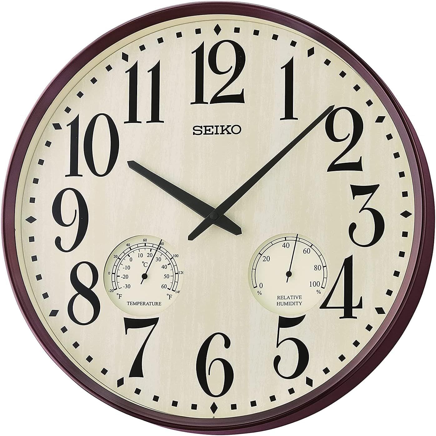 Seiko 16'' Brown Frame Wall Clock with Thermometer and Hygrometer