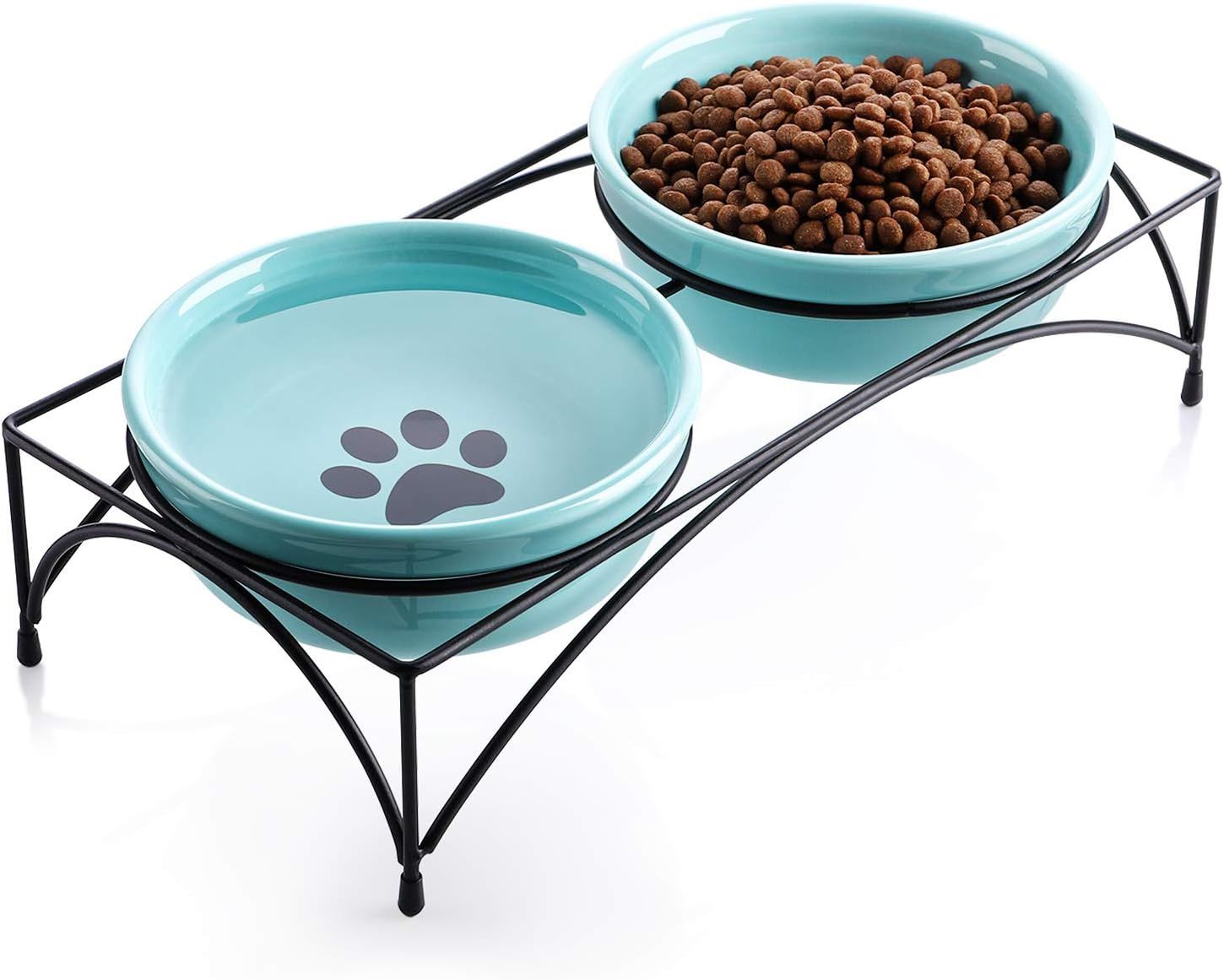 Turquoise Ceramic Elevated Pet Bowls with Metal Stand