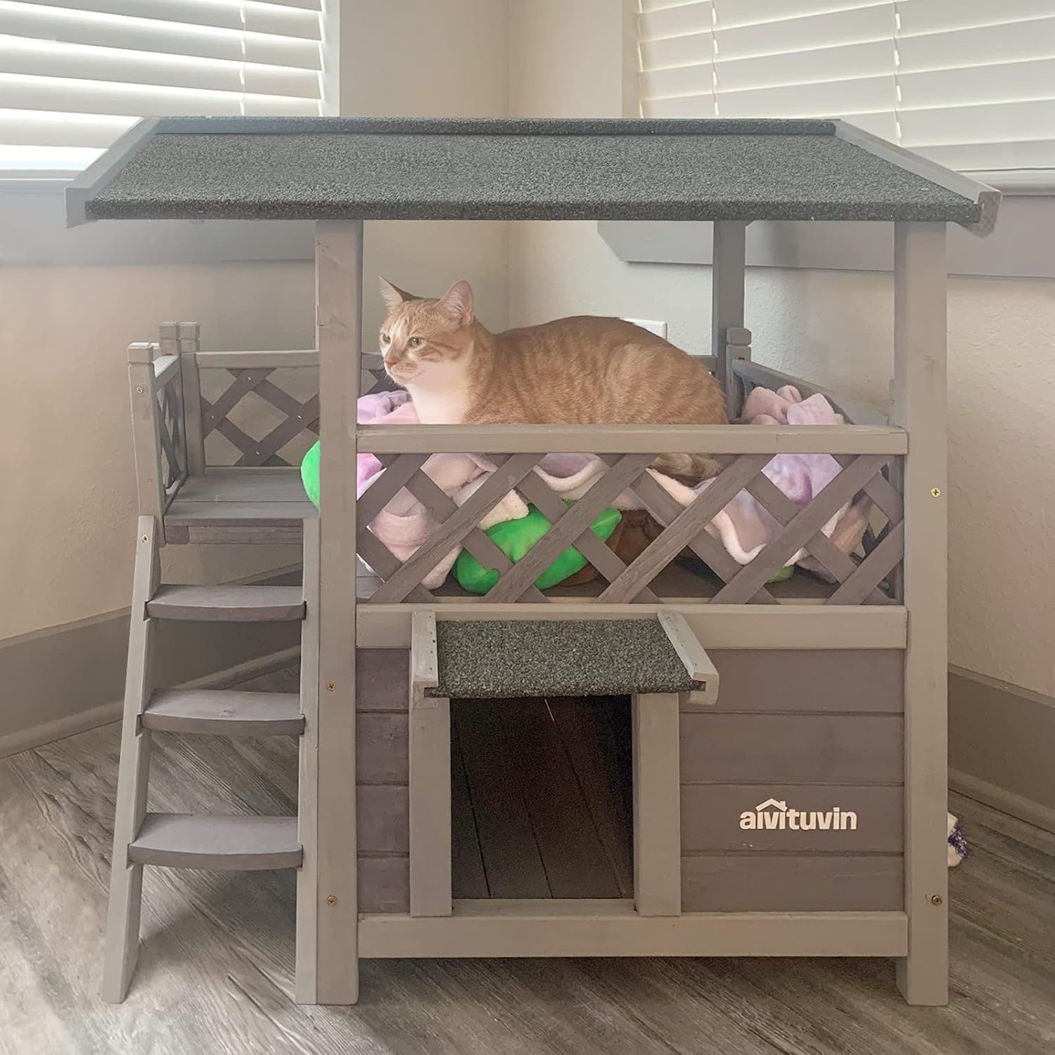 Gray Fir Wood Outdoor Cat House with Stairs and Balcony