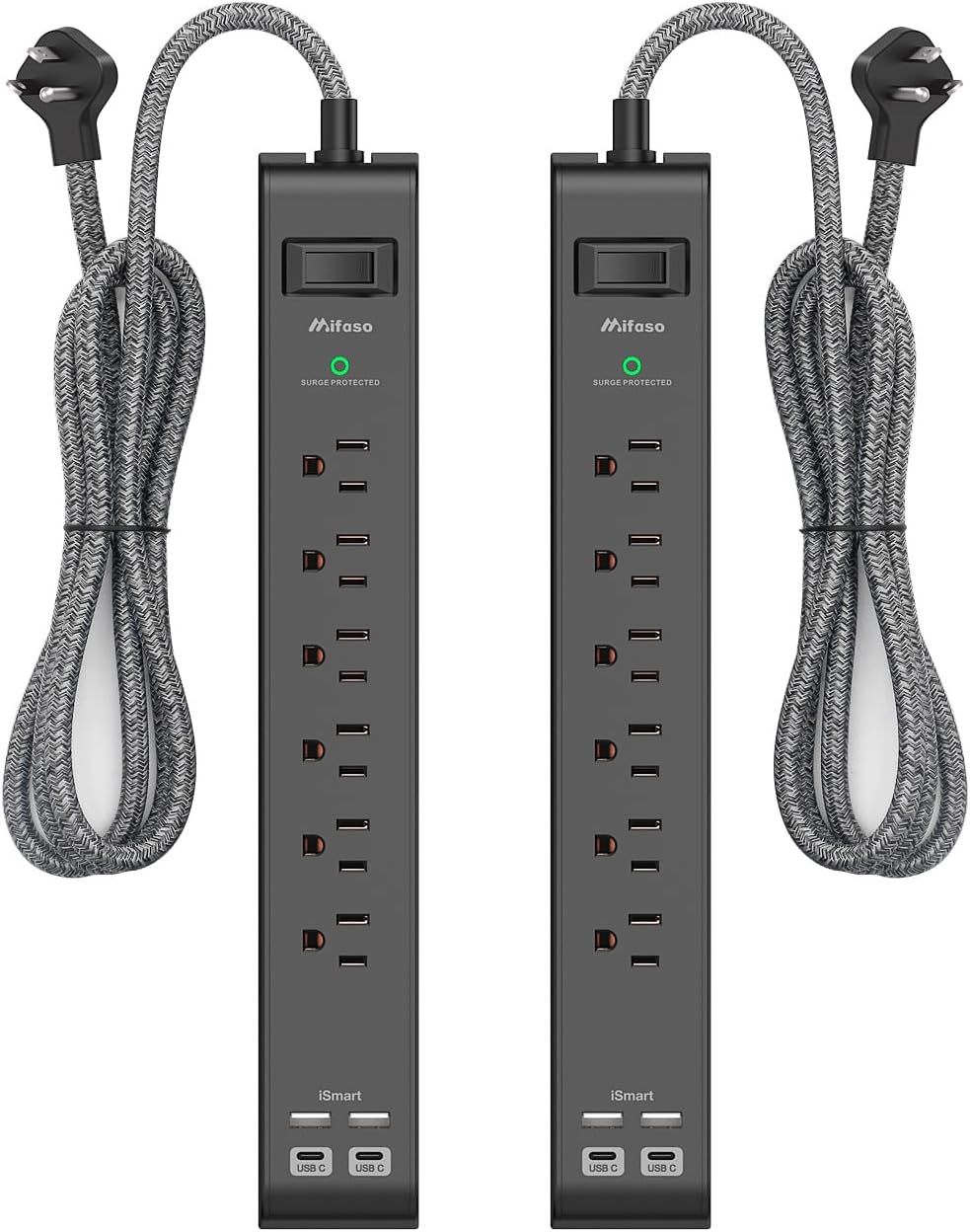 Black 6-Foot 5-Outlet Power Strip with USB Ports, 2-Pack