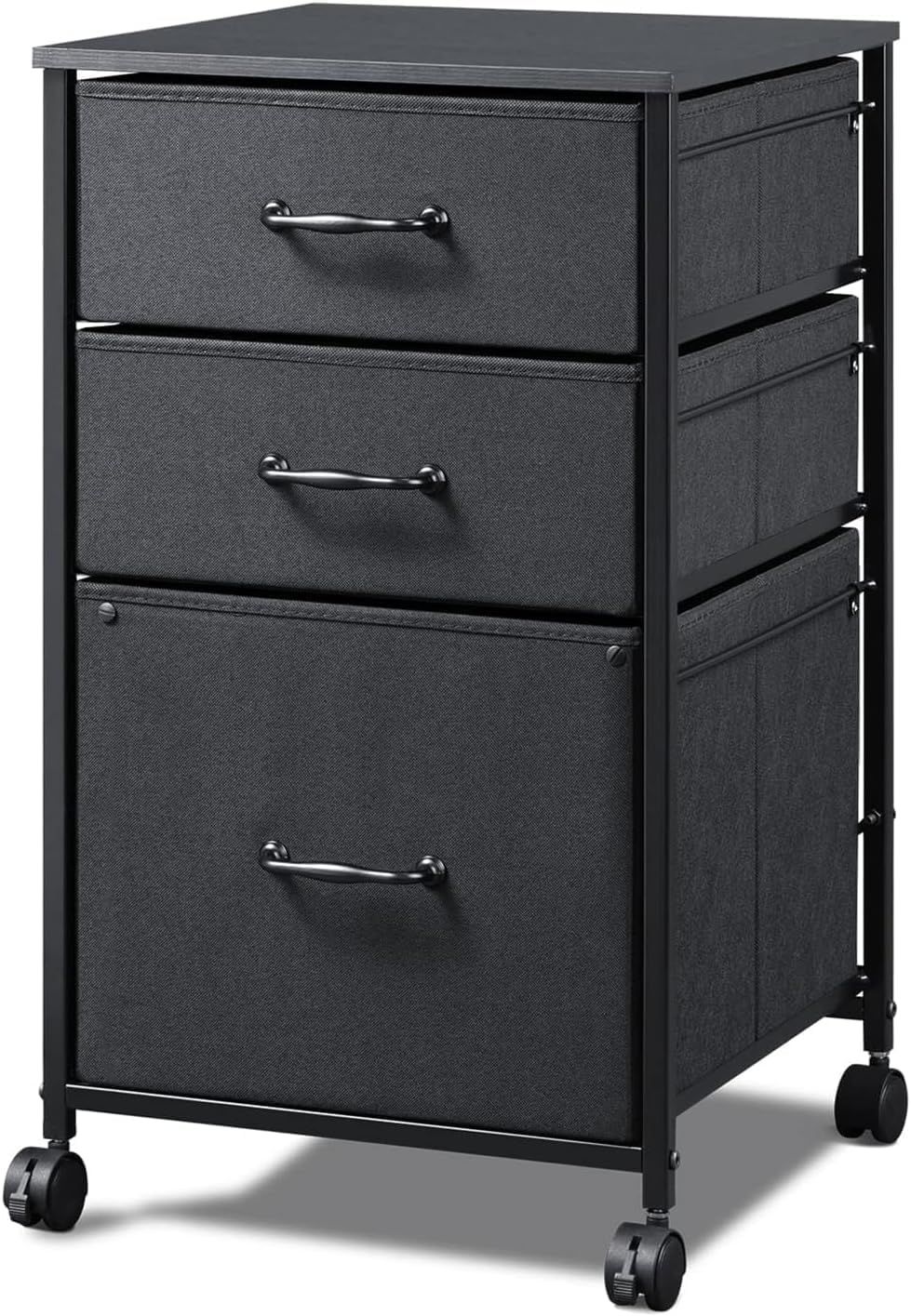 Black Fabric 3-Drawer Mobile File Cabinet with Steel Frame