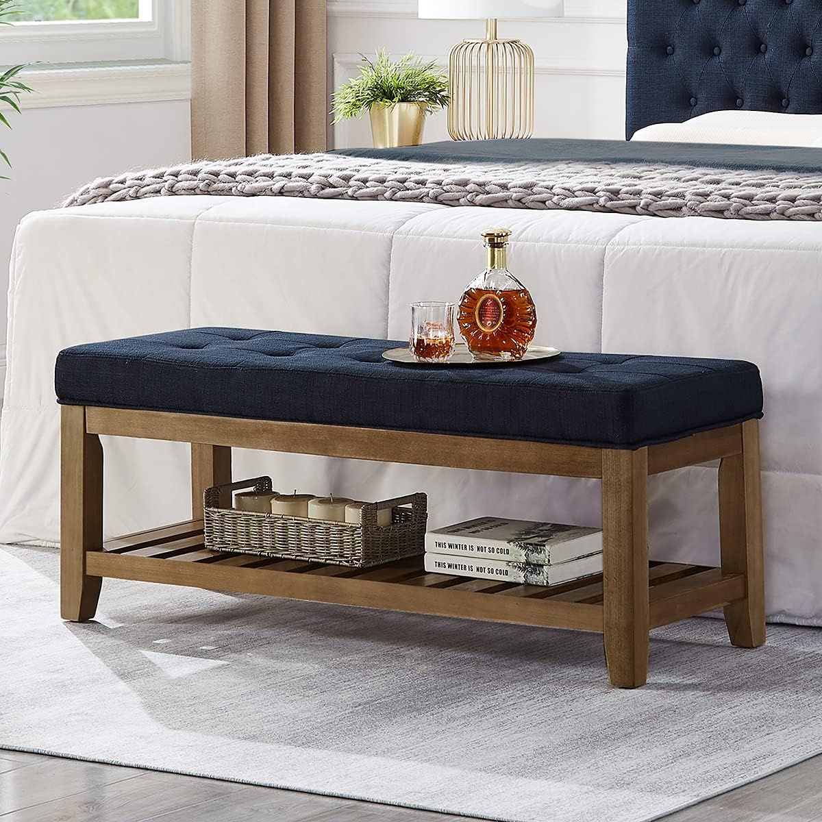 Navy Blue Tufted Linen Upholstered Bench with Wood Shelf