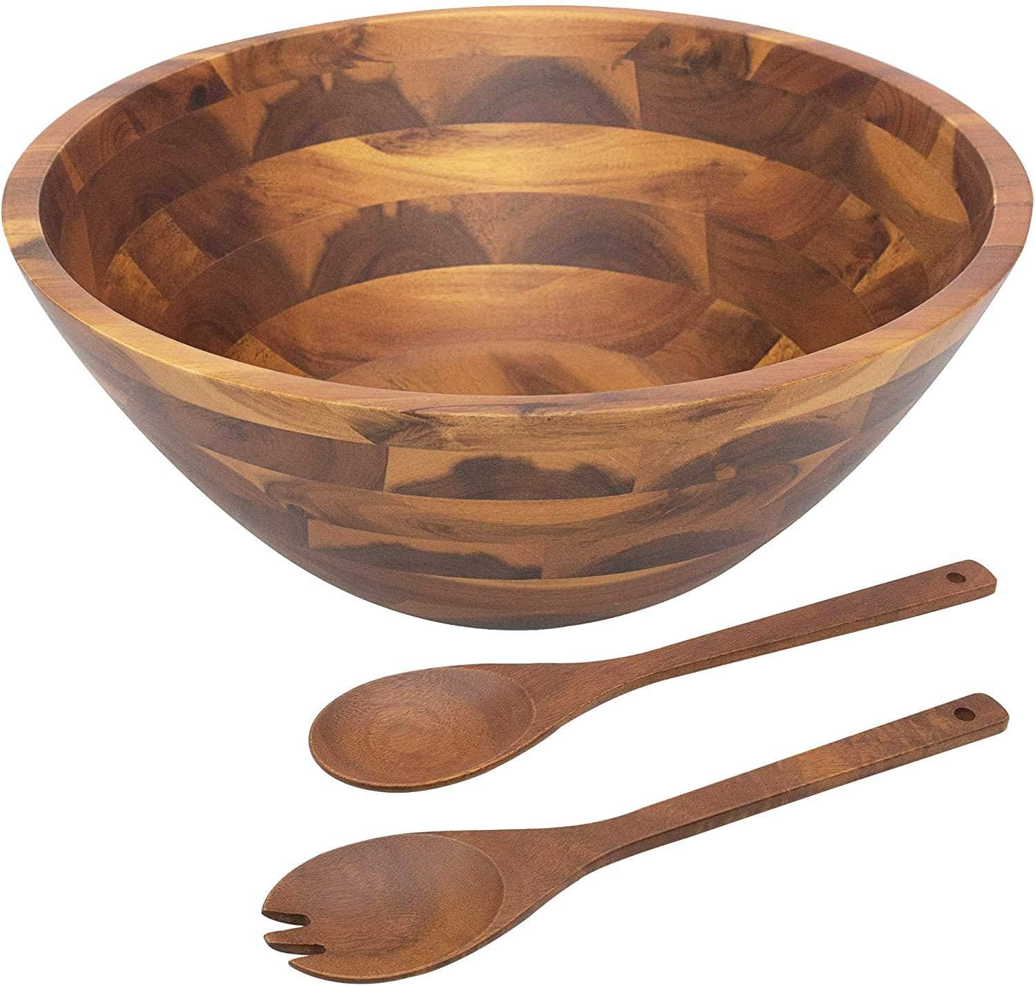 Large Acacia Wood Salad Bowl Set with Serving Utensils