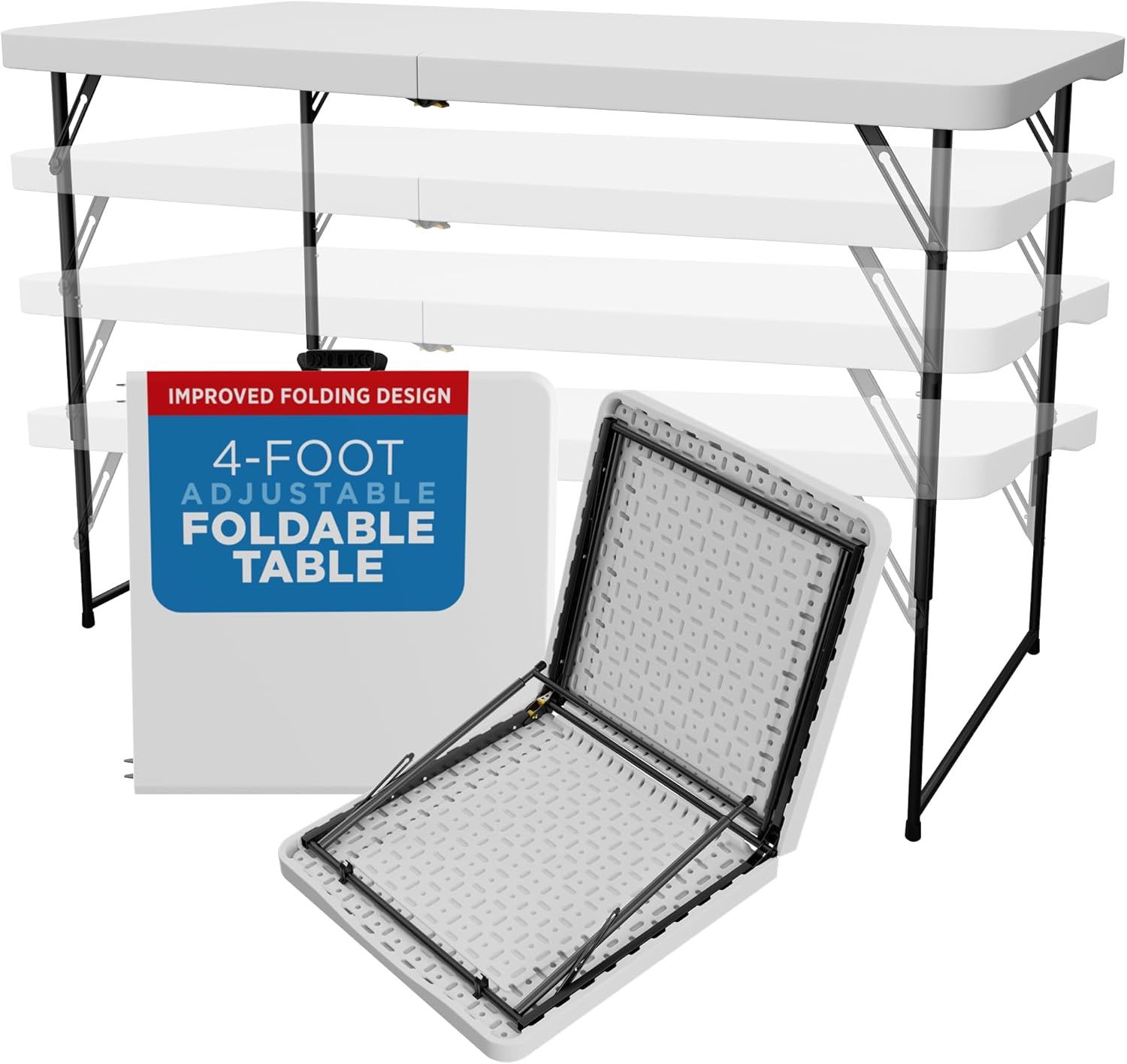 Adjustable White Plastic Folding Table with Steel Legs