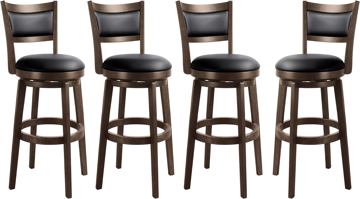 30" Walnut Swivel Bar Stools with Black Faux Leather Seats, Set of 4