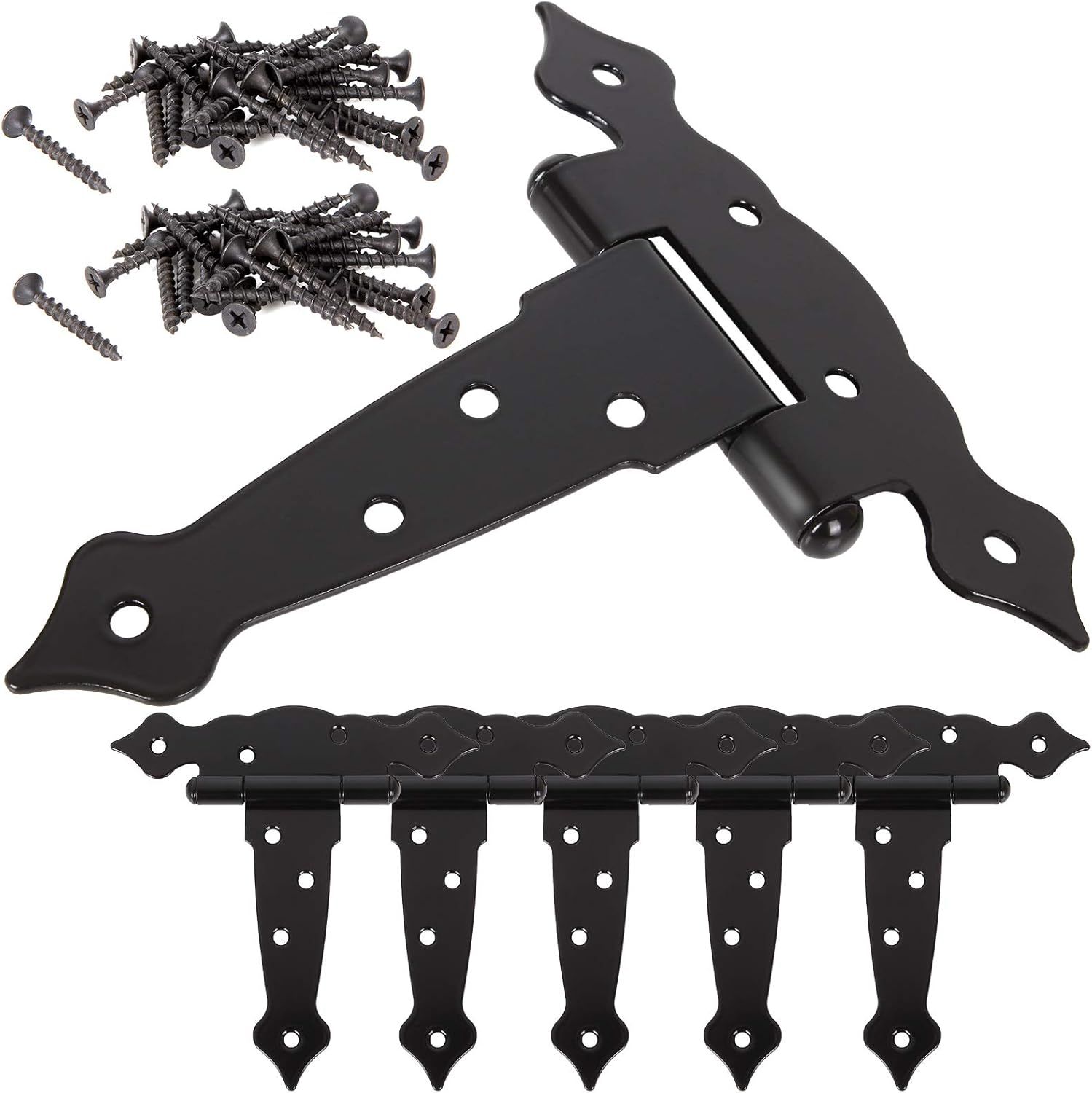 5 Inch Black Heavy Duty Metal T-Strap Gate Hinges, 6 Pack