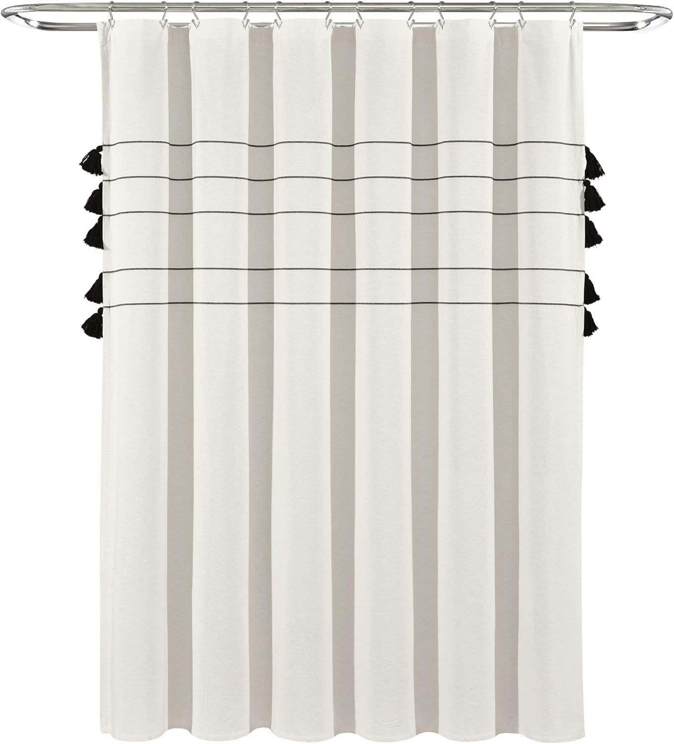 Ivory and Black Cotton Boho Stripe Shower Curtain with Tassels