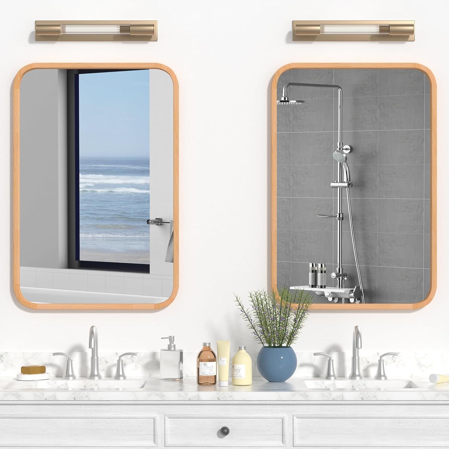 Natural Beech Wood Rectangular Bathroom Mirrors with Silver Accents