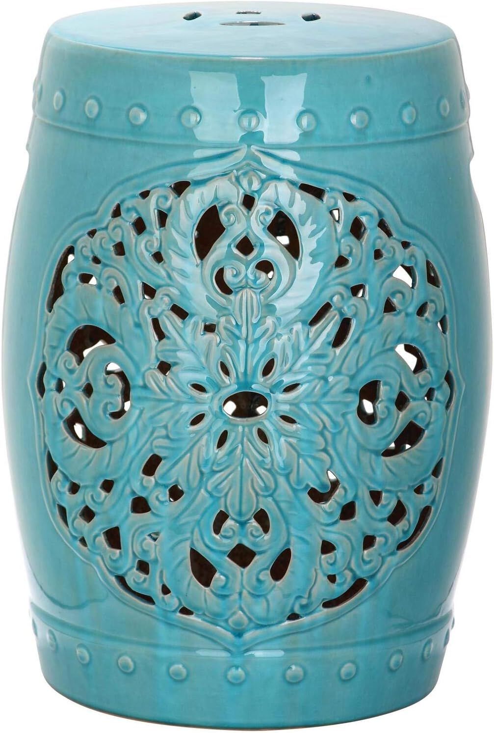 Flora Ceramic 17.5" Blue Garden Stool with Leaf Medallion Motif