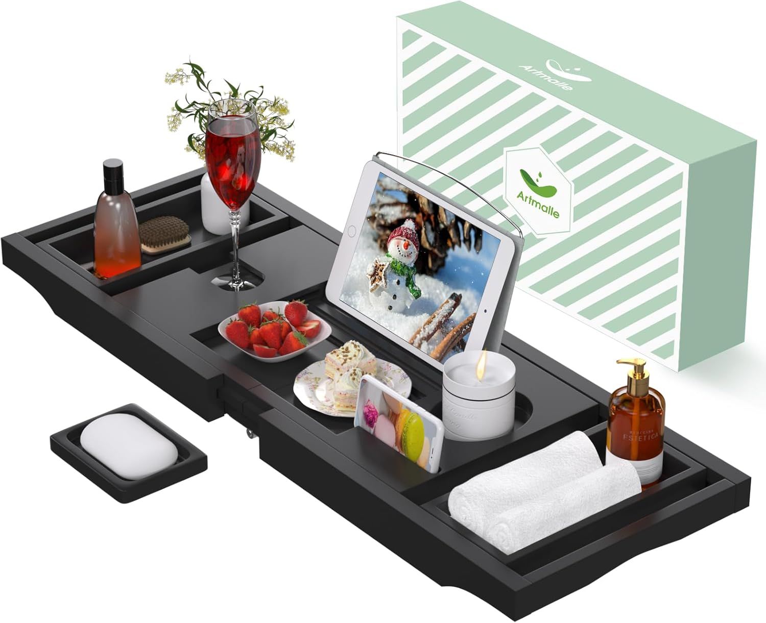 Black Bamboo Expandable Bathtub Caddy Tray with Book Holder