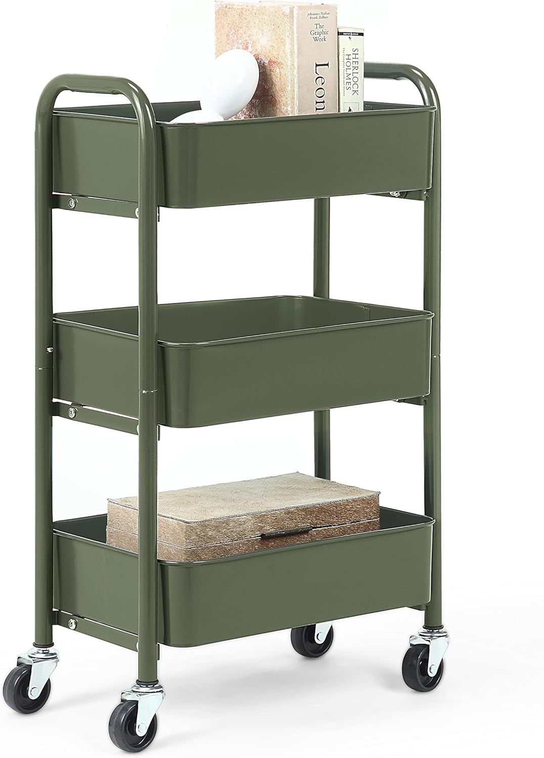 Army Green Metal 3-Tier Rolling Storage Cart