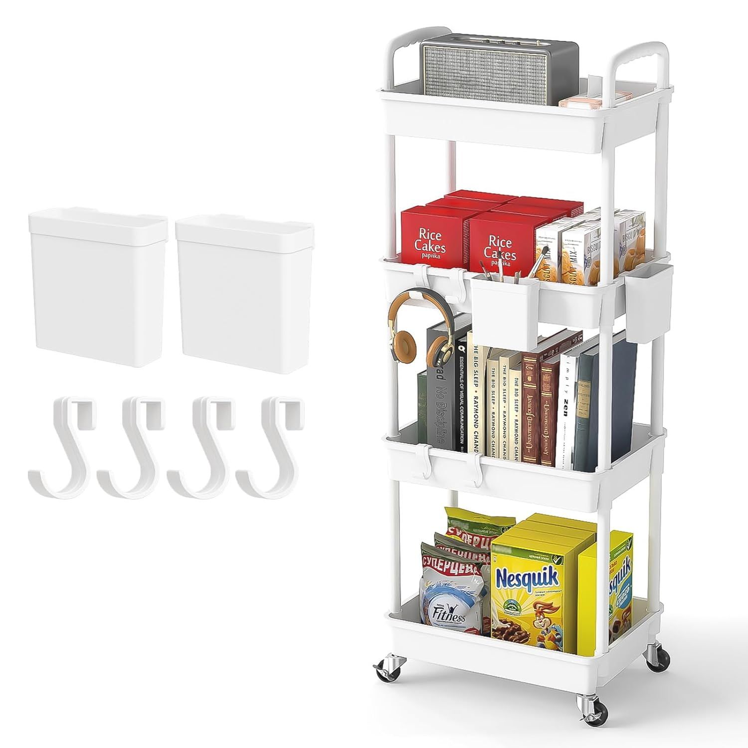 White Multifunctional 4-Tier Rolling Utility Cart with Handle