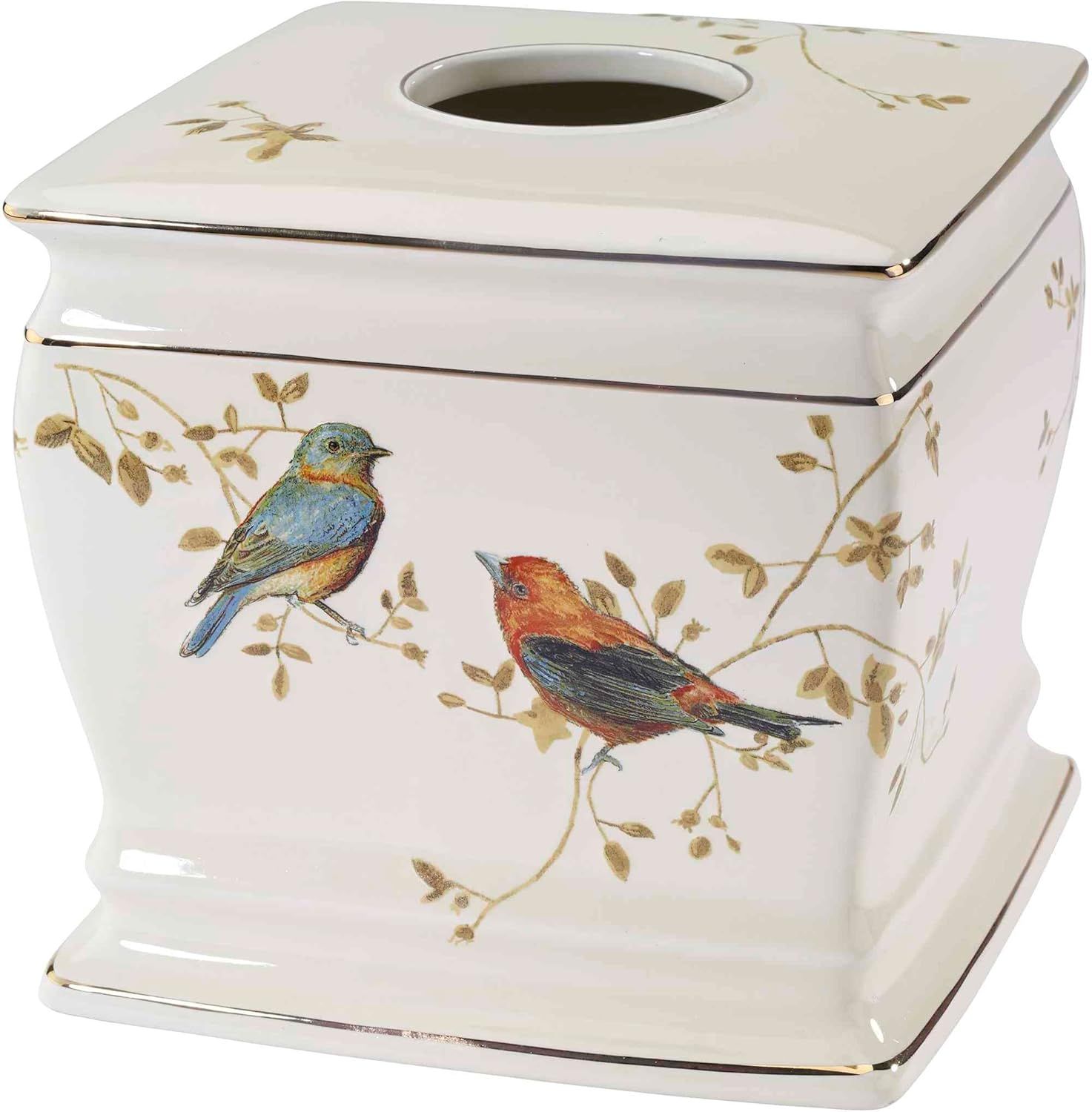 Ivory Ceramic Tissue Box Cover with Gold Trim and Bird Design