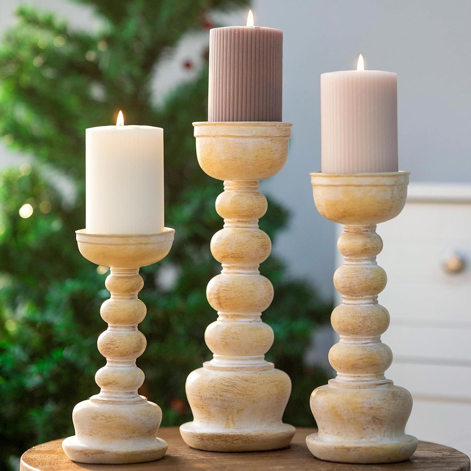 Rustic Light Wood Pillar Candle Holders Set of 3