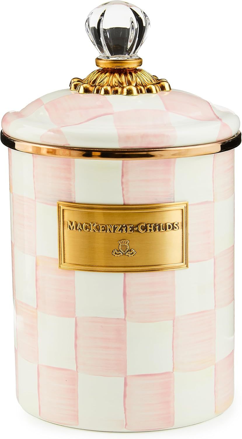 Medium Pink and White Checkered Enamel Canister with Glass Knob