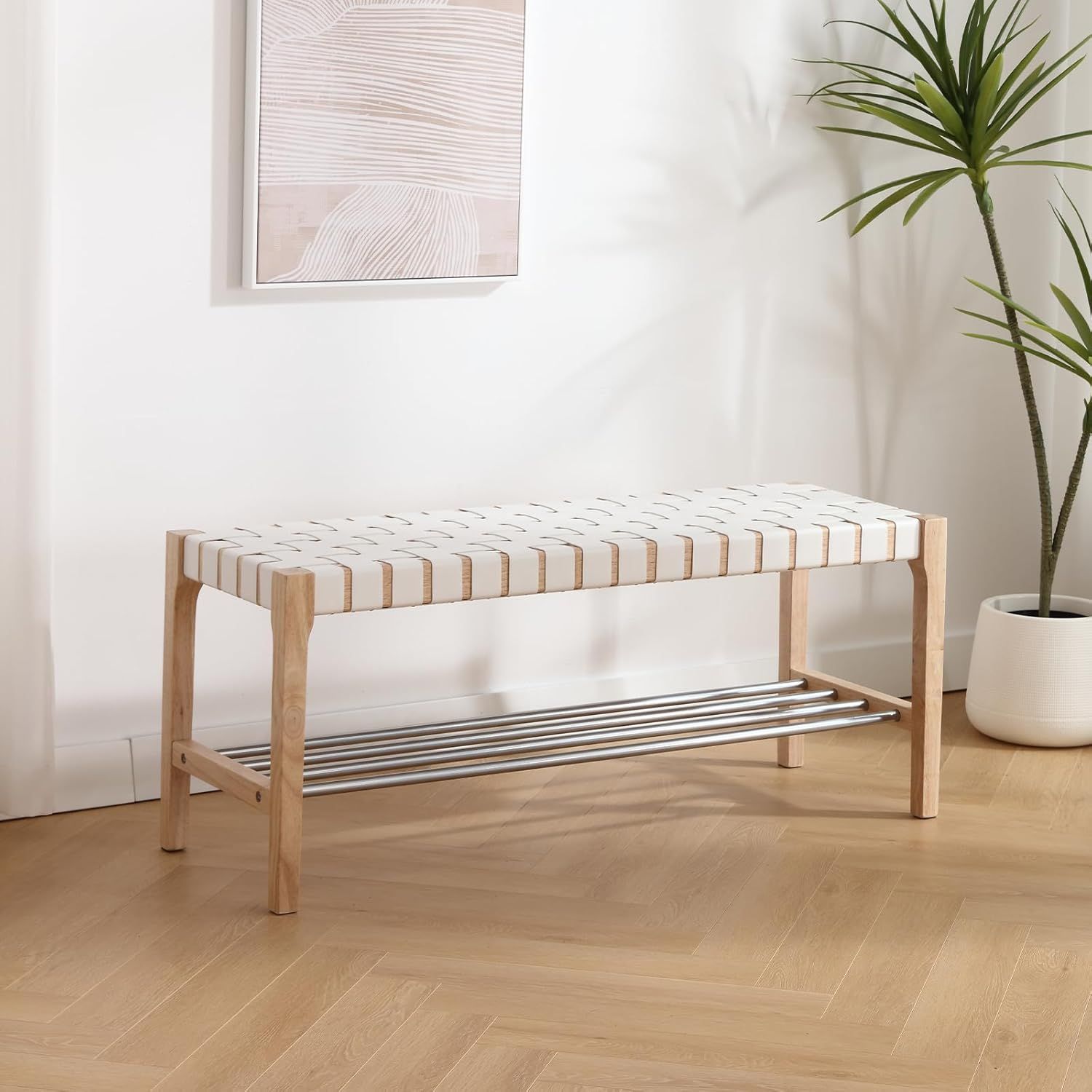 Modern White Faux Leather Woven Bench with Metal Shelf